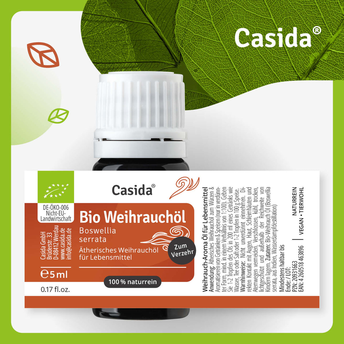 Etikett von Casida Bio Weihrauchöl, 5 ml, mit Bio-Kennzeichnung und Anwendungshinweisen