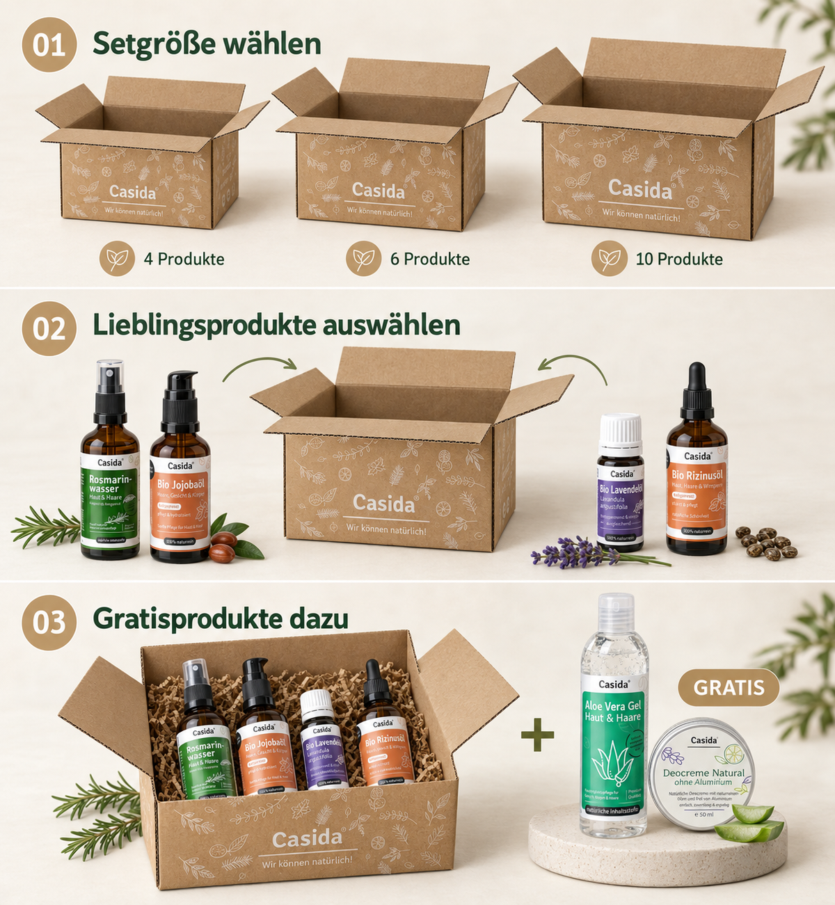 Dreischritt-Anleitung zum Casida Wunschset: Setgröße wählen, Produkte auswählen und Gratisprodukt ergänzen.