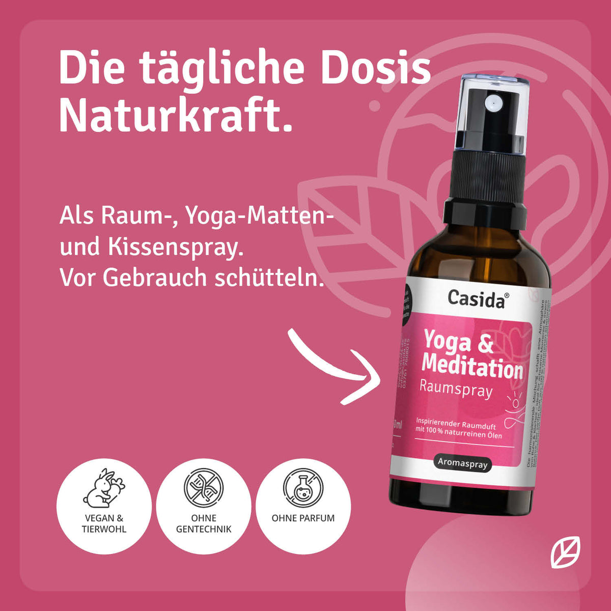 Casida yoga and meditation room spray bottle with a pink label, featuring a spray nozzle and vegan certification icon.