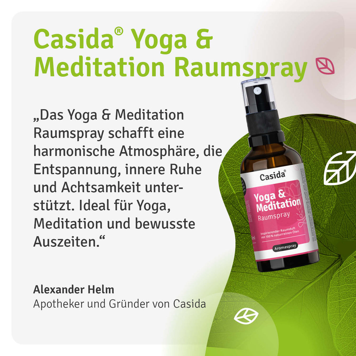 Casida Yoga & Meditation raumspray in a spray bottle with a pink label and black pump, set against a light background.
