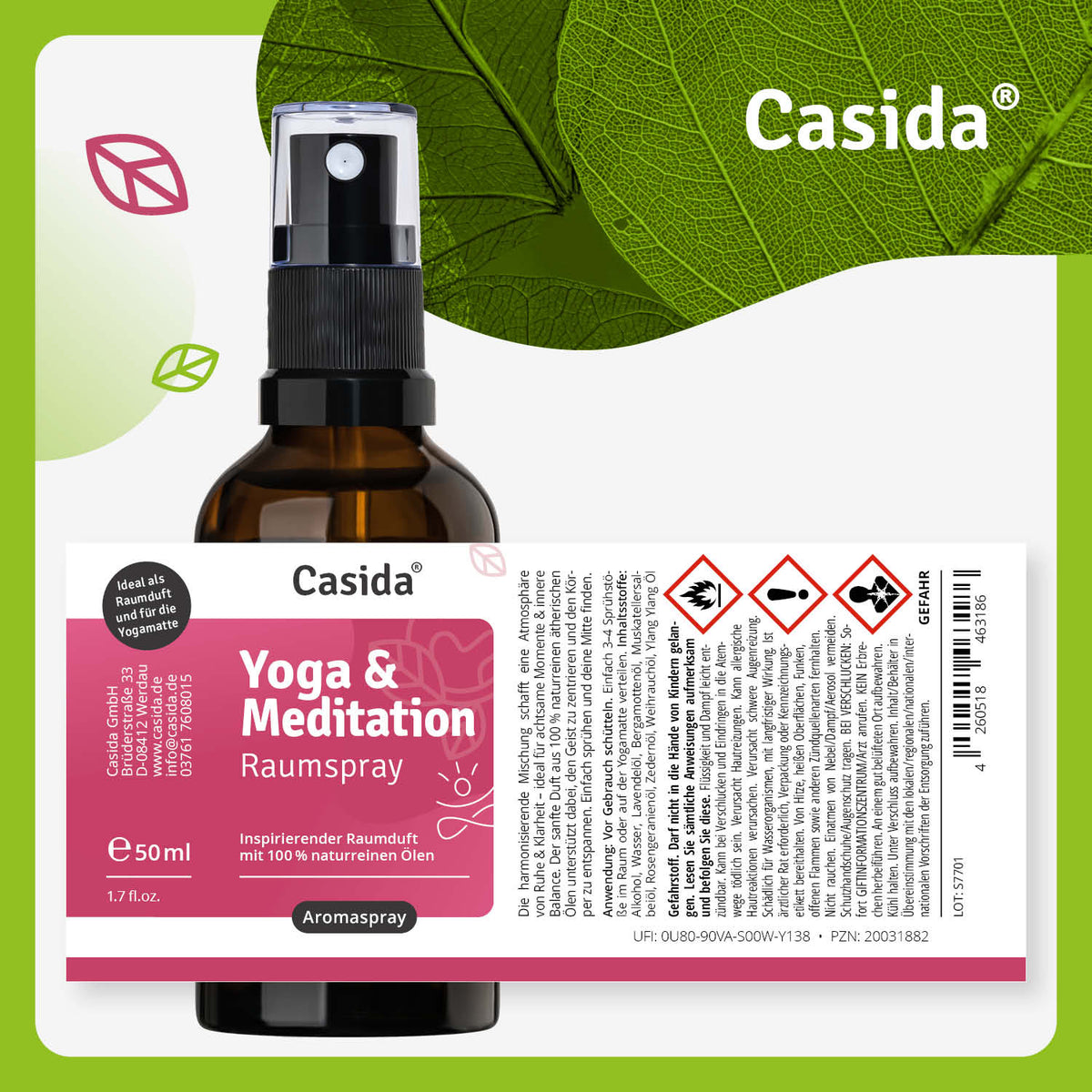 Casida yoga and meditation room spray in a 50 ml amber bottle with a spray nozzle and green label design.