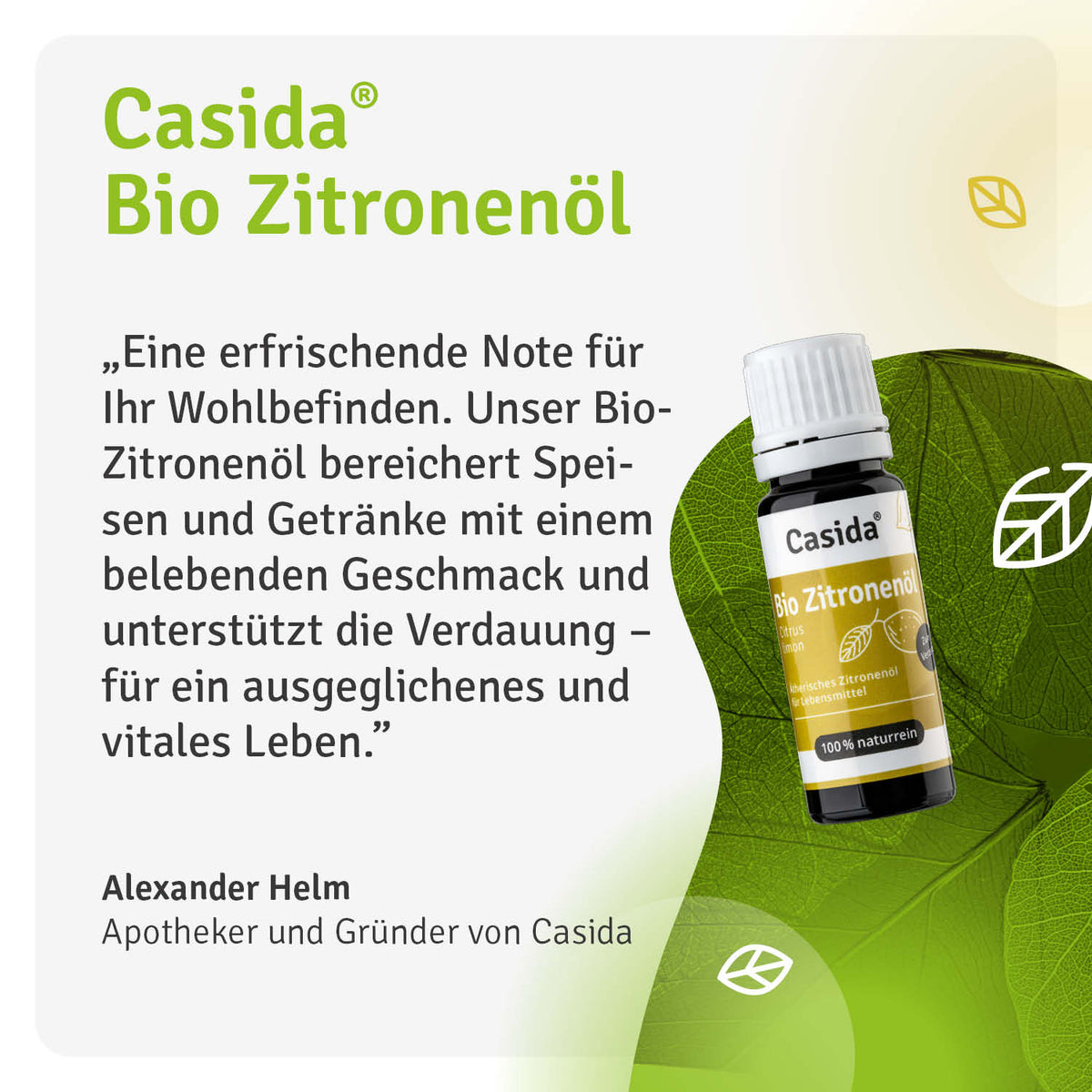 Alexander Helm stellt Casida Bio Zitronenöl zum Verfeinern von Speisen und Getränken vor