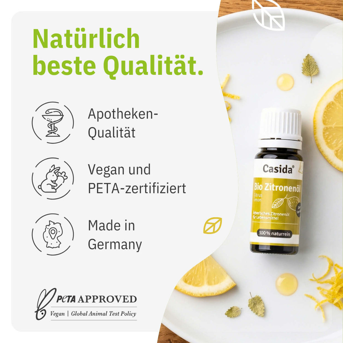 Casida Bio Zitronenöl mit Angaben zu veganer Rezeptur, PETA-Zertifizierung und Herstellung in Deutschland