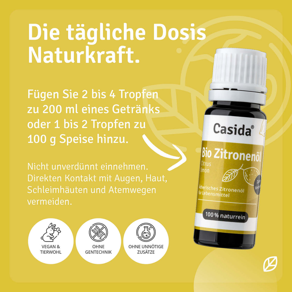 BIO lemon essential oil bottle with a black cap, featuring a green label and white text, set against a yellow background.