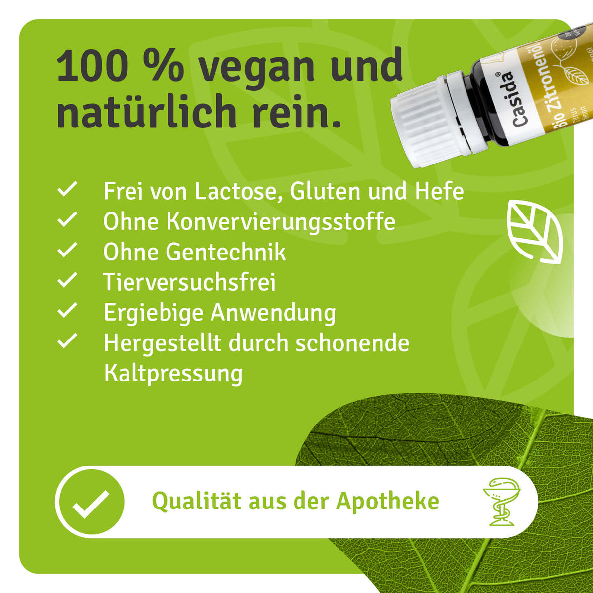 Casida Bio Zitronenöl mit Angaben zu Kaltpressung und veganer Zusammensetzung