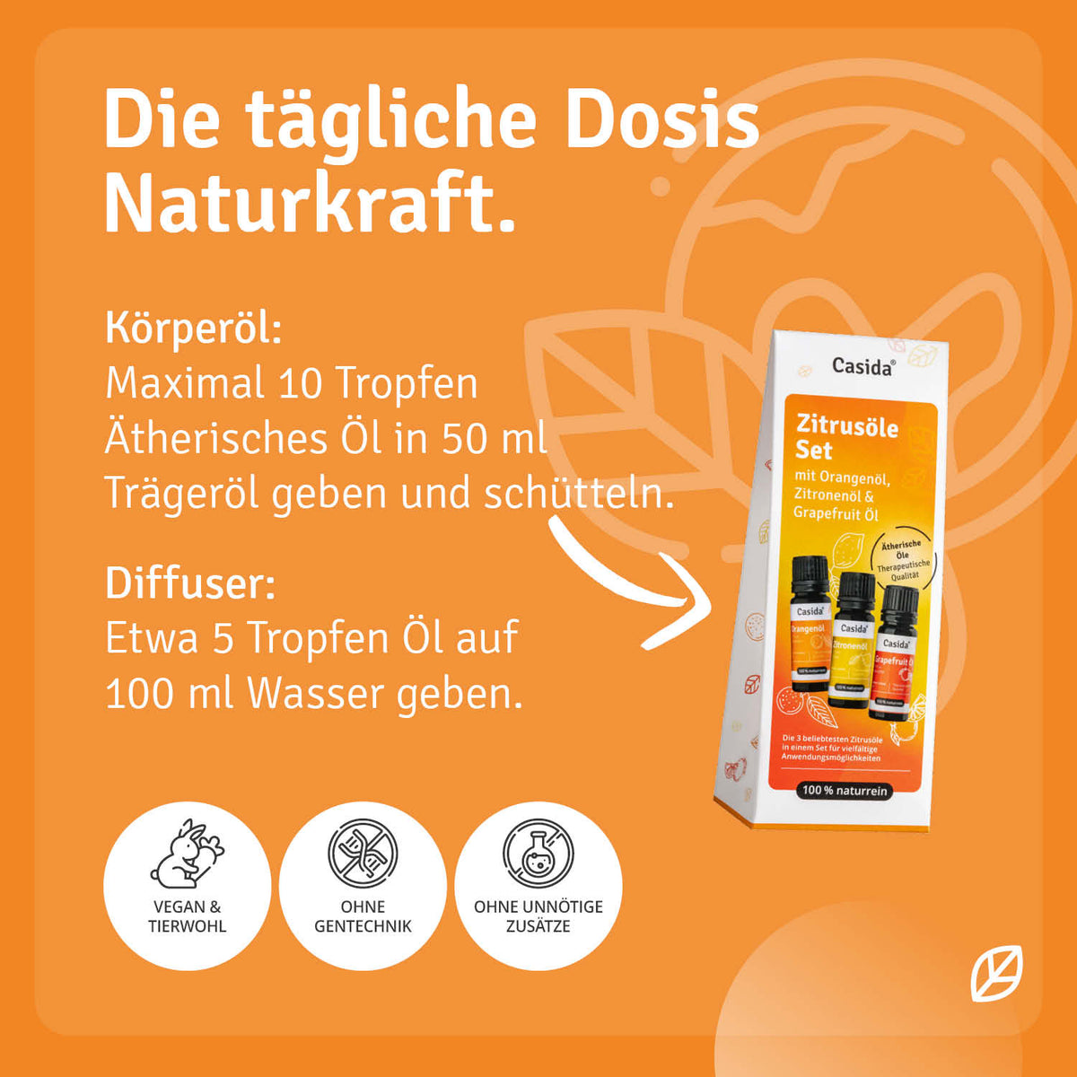 Anwendungshinweise zum Casida Zitrusöle-Set für Körperöl und Aromadiffuser