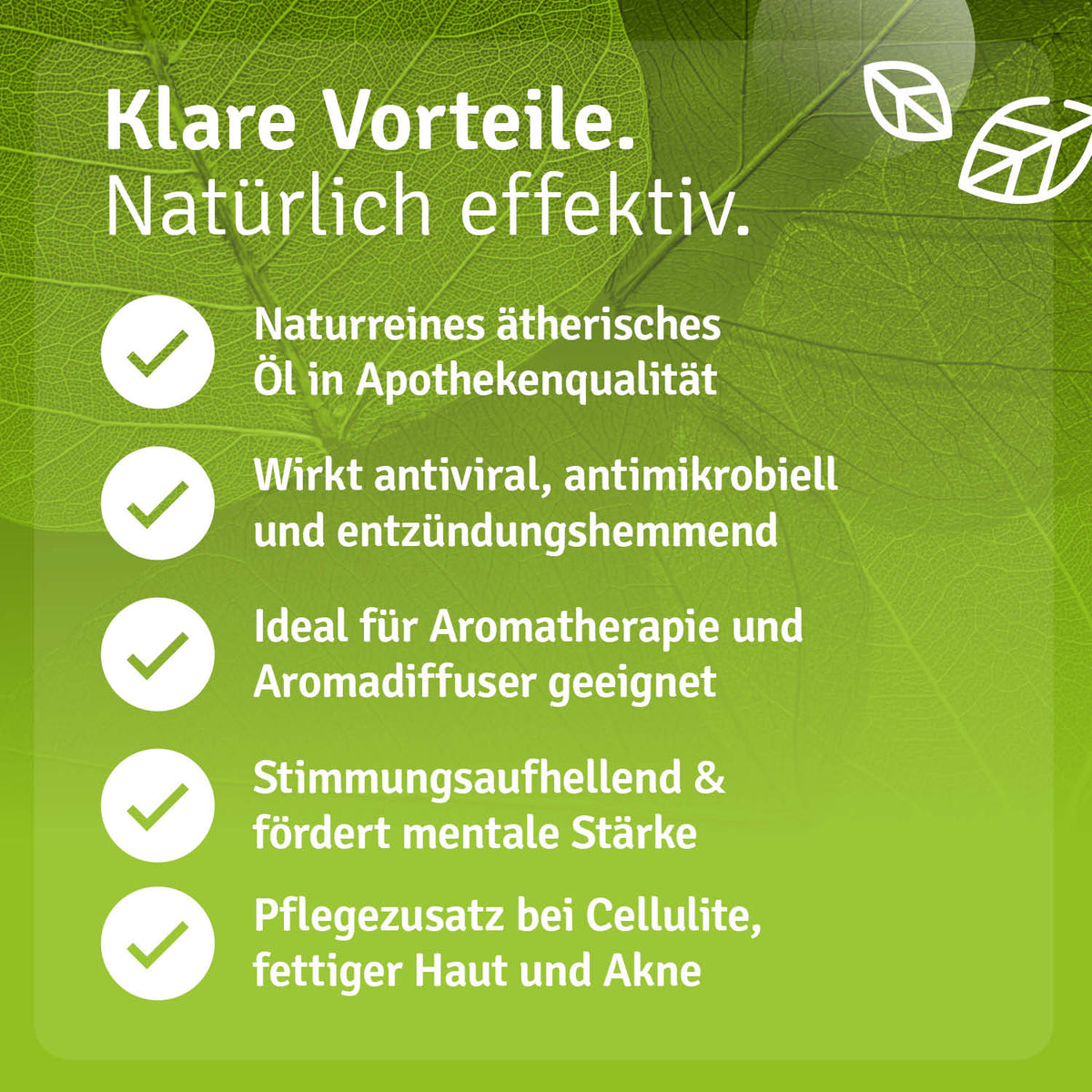 Infografik zu den Eigenschaften und Einsatzgebieten des Casida Zitrusöle-Sets