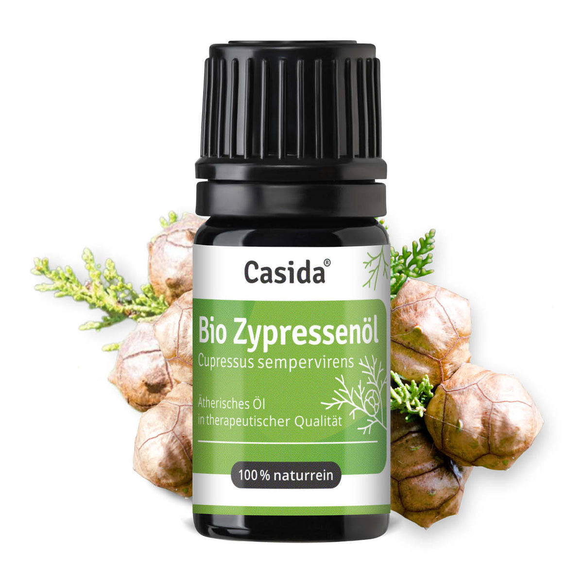Bio Zypressenöl by Casida in a 10 ml bottle, featuring a green label and surrounded by cypress cones.