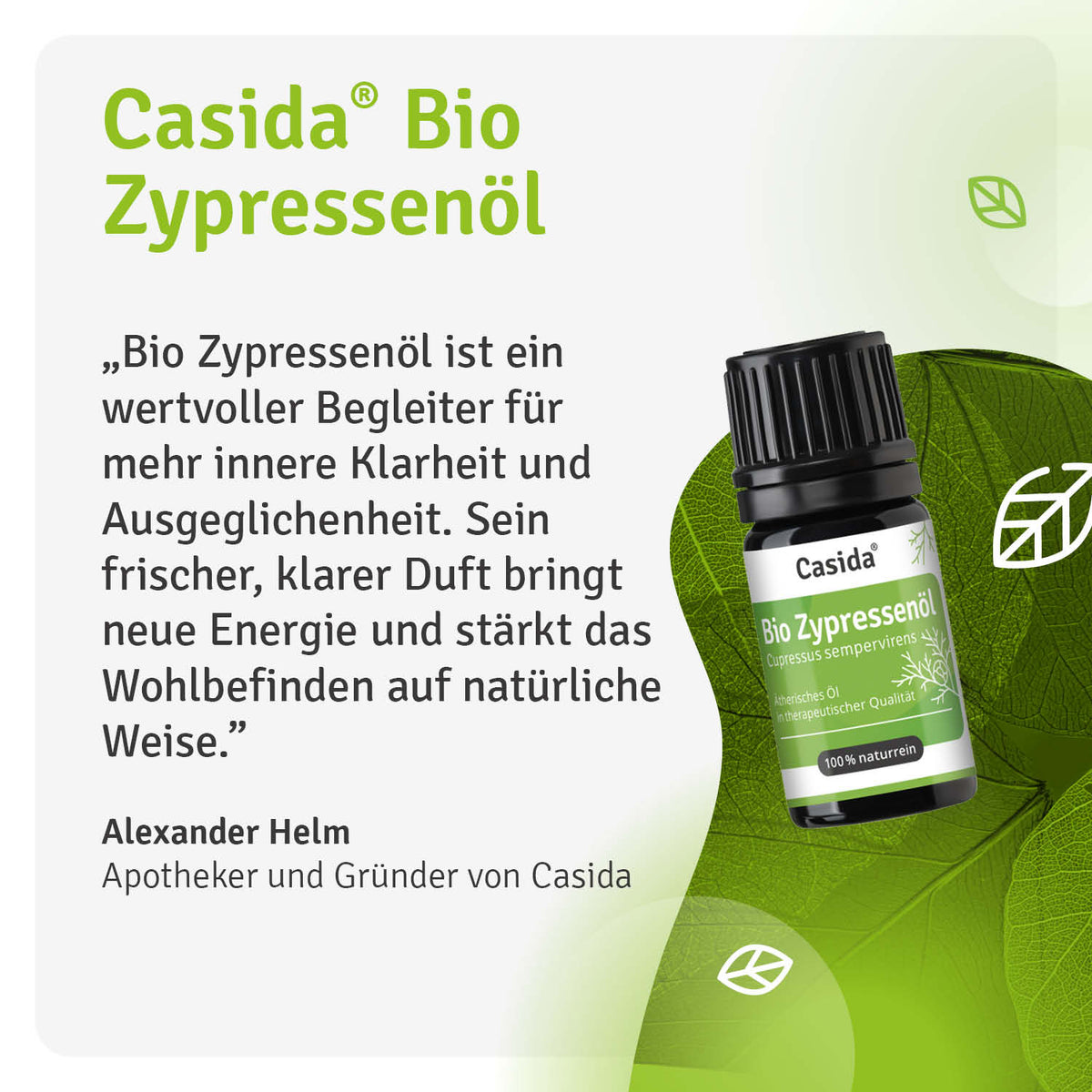 Bio Zypressenöl in a 10 ml bottle, featuring a green label with white text and a leaf design.