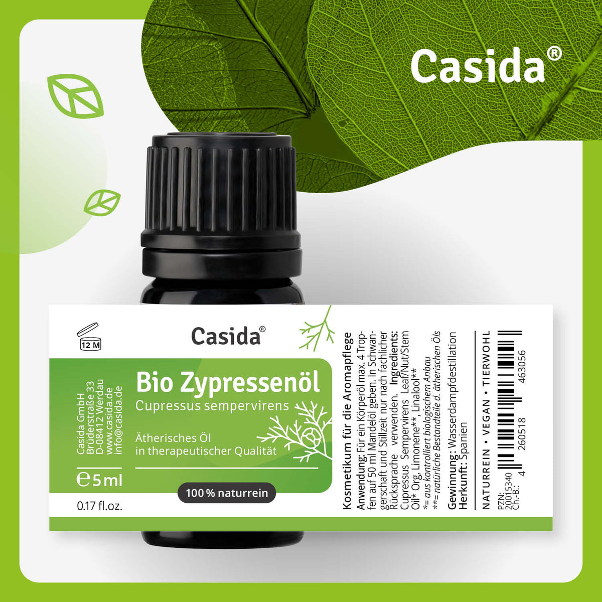 Bio Zypressenöl in a 5 ml bottle with a black cap, featuring a green label and leaf design, indicating 100% natural content.