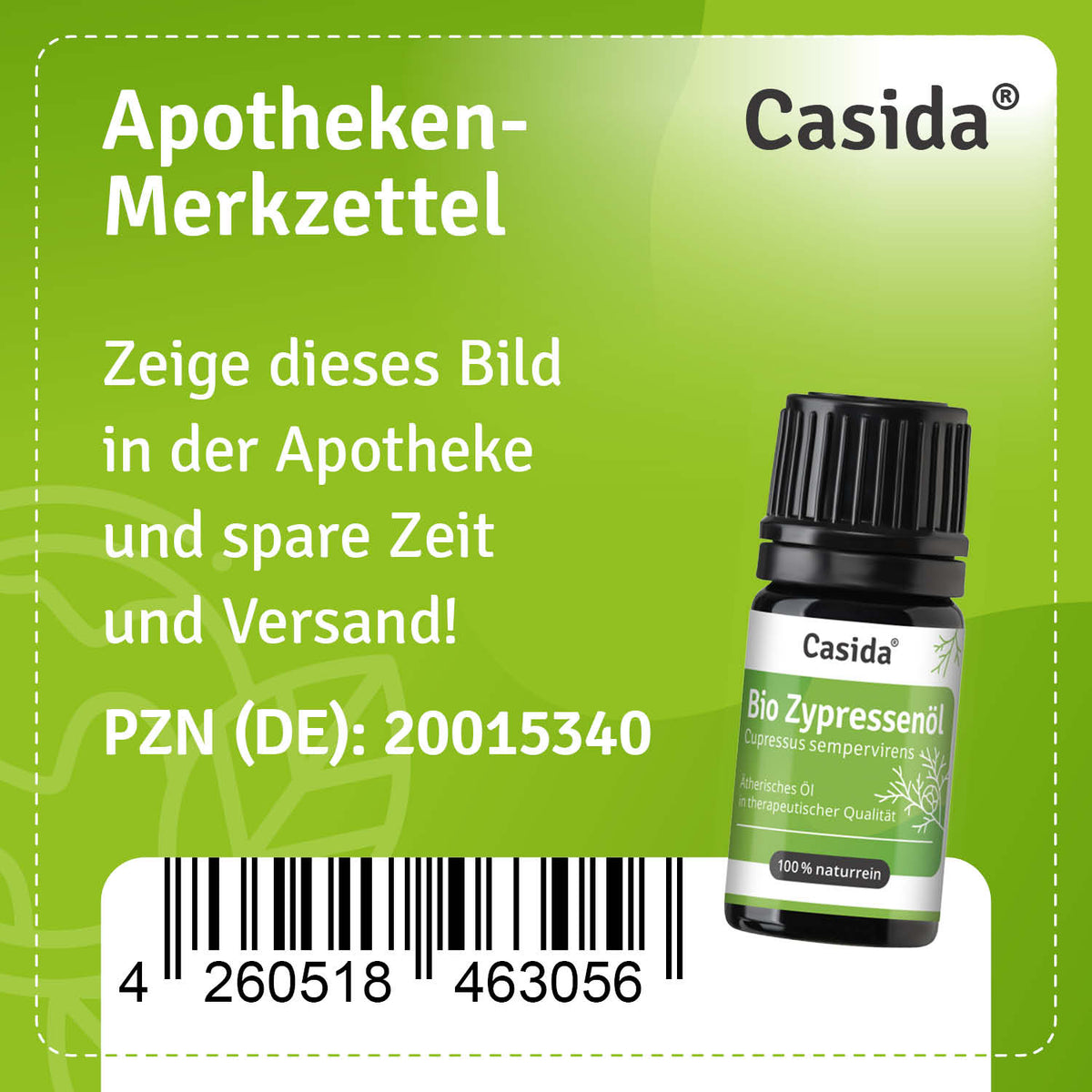 Bio Zypressenöl by Casida in a 10 ml bottle, featuring a green label with product details and PZN number.