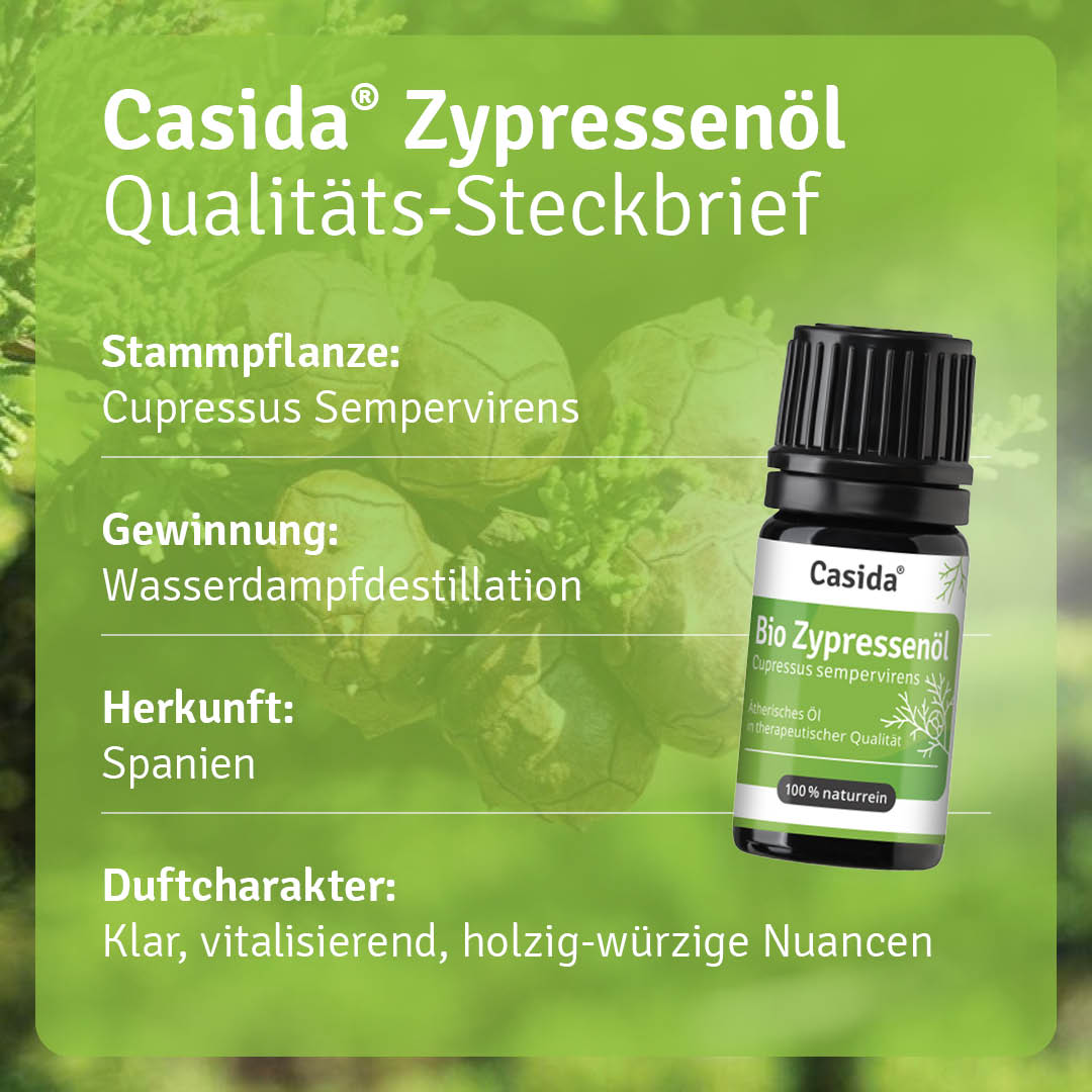 Bio Zypressenöl in a 10 ml bottle, featuring a black cap and green label, with details about its origin and scent profile.