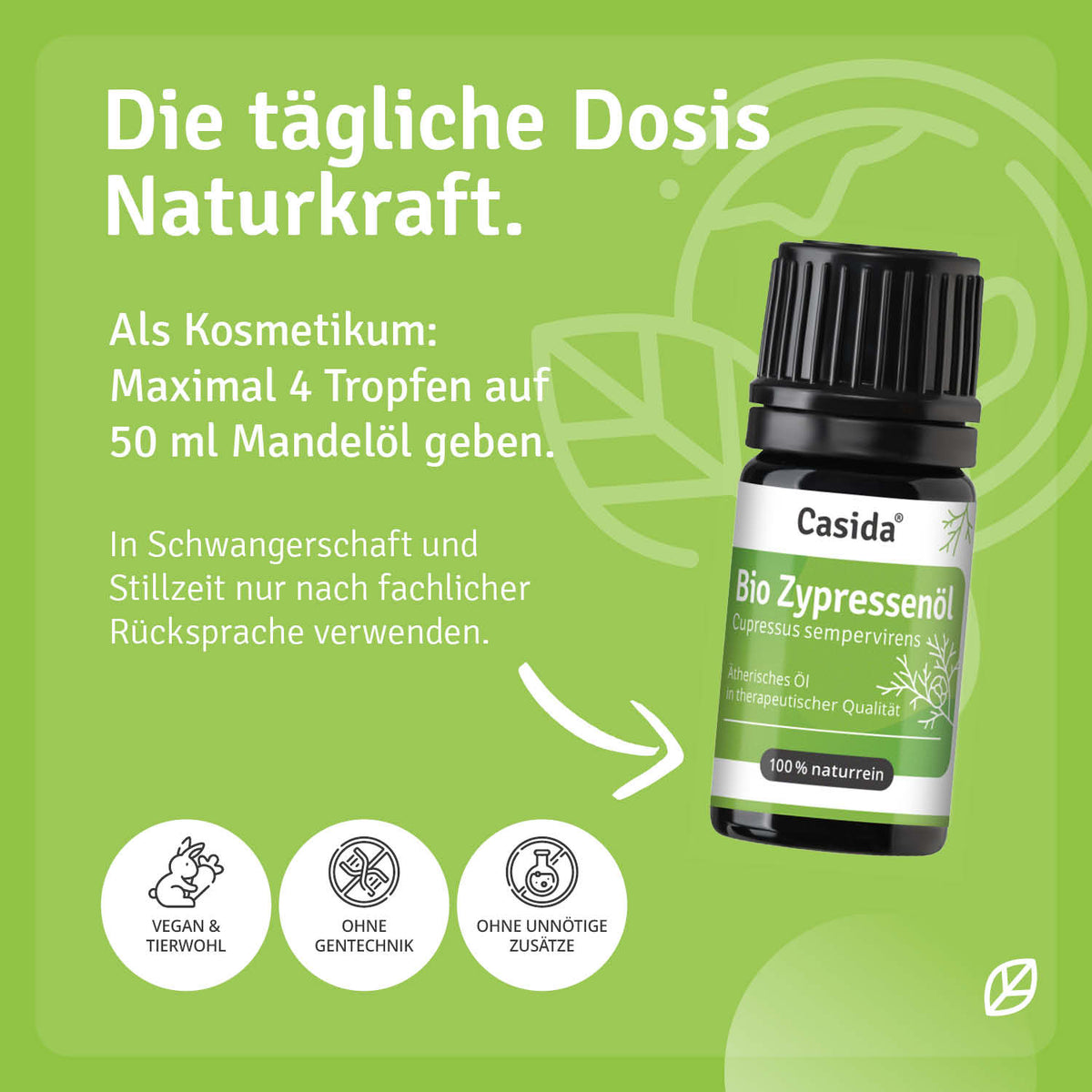 Bio Zypressenöl by Casida in a 10 ml bottle, featuring a green label with text and leaf graphics.
