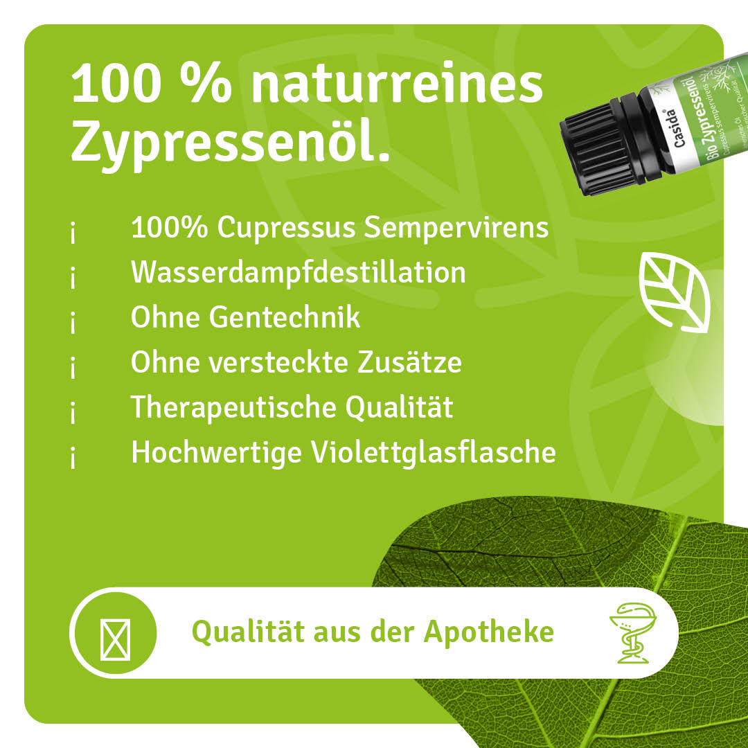 Bio Zypressenöl in a green and black bottle, featuring text about its natural qualities and therapeutic benefits.