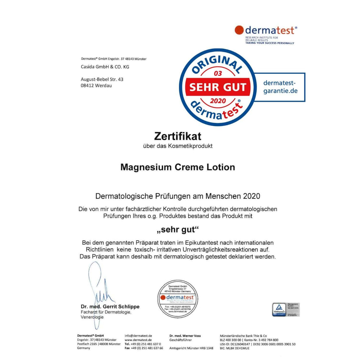 Zechstein Magnesium Komplettpaket Magnesium Creme Lotion Dermatest