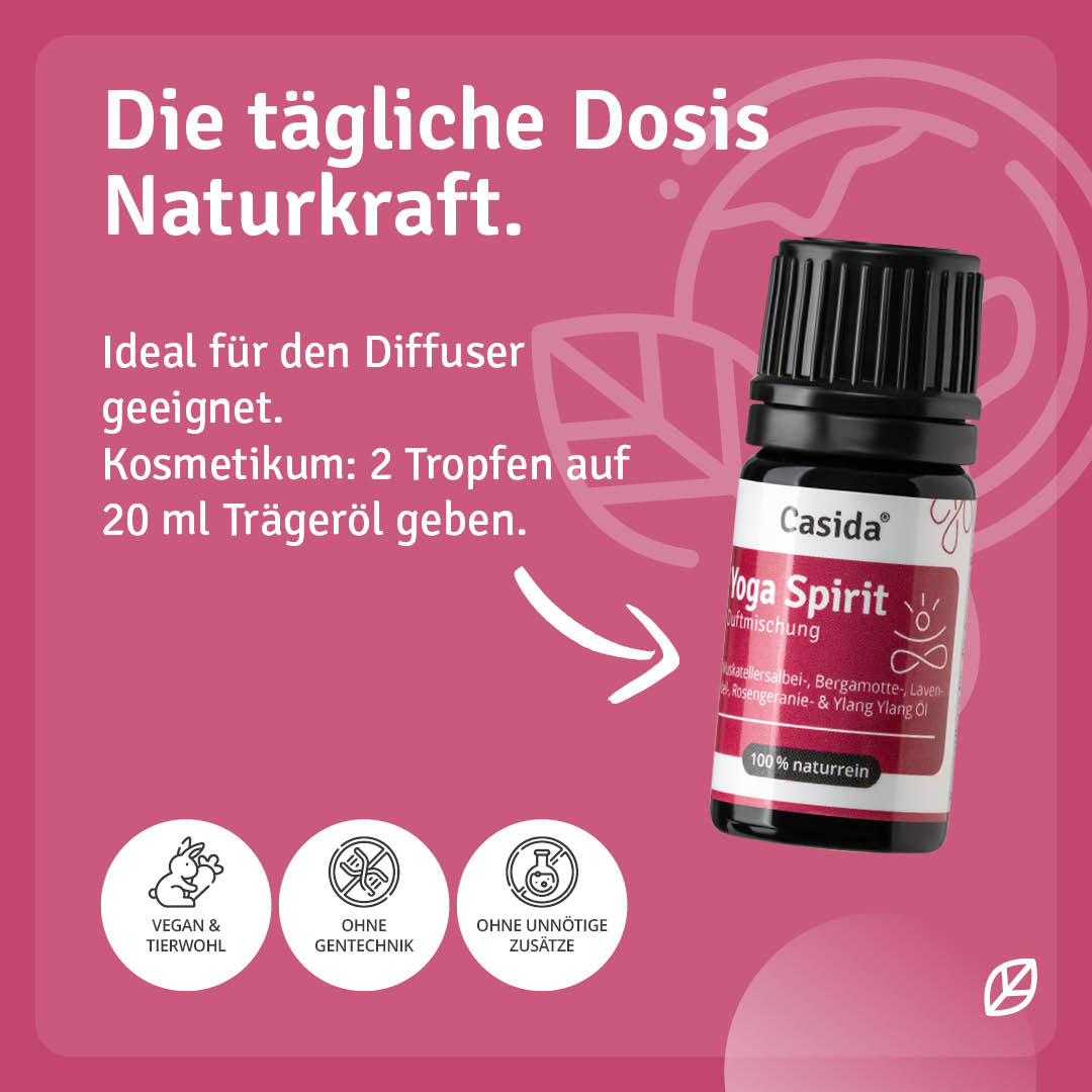 Yoga Spirit essential oil blend bottle with pink label, suitable for diffusers, featuring vegan and natural ingredients.