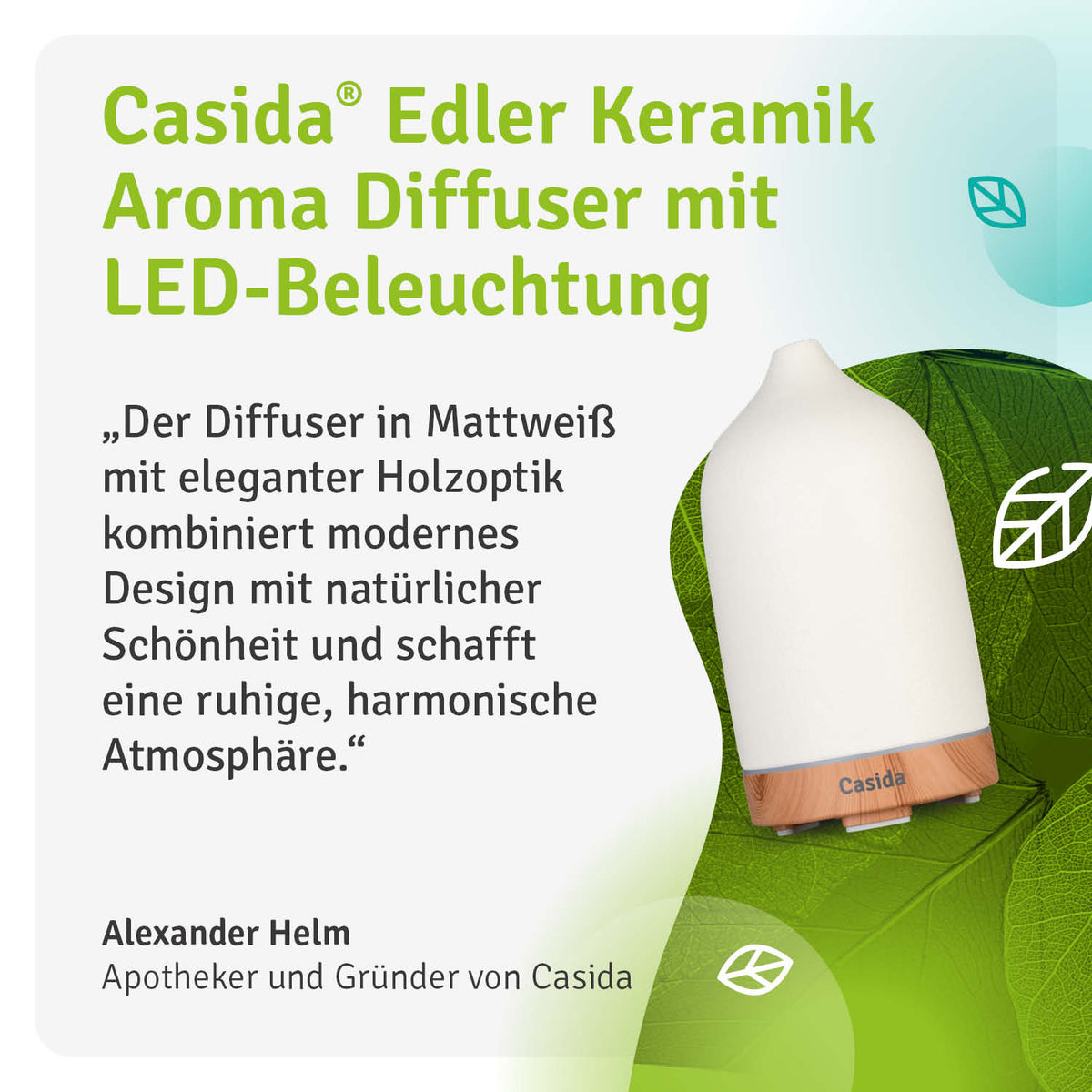 Keramik Aroma Diffuser in mattweiß mit Holzsockel und LED-Beleuchtung, ideal für aromatische Duftmischungen.