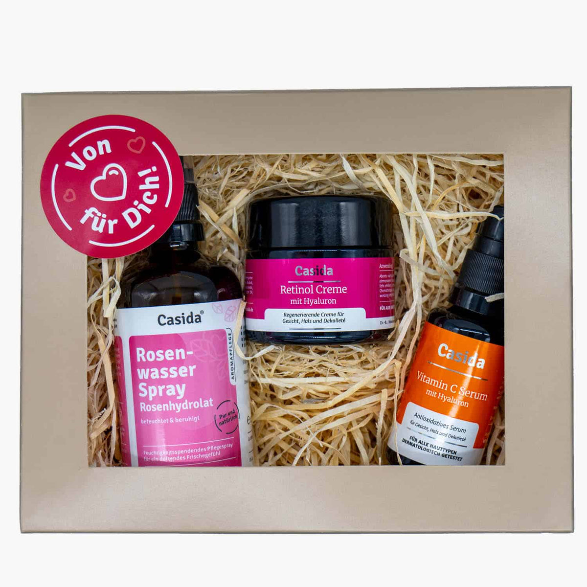 Geschenkbox Beauty Luxus Set Rosenwasser Spray Vitamin C Serum mit Hyaluron Retinol Creme