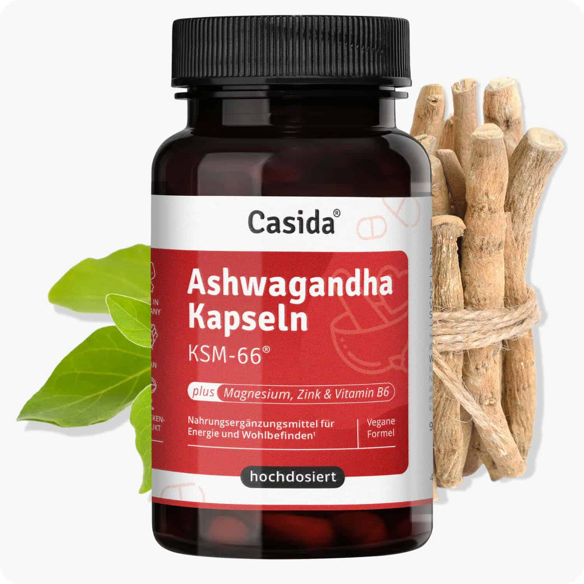 Ruhe & Balance Set featuring Ashwagandha capsules in a dark bottle with green leaves and wooden sticks.