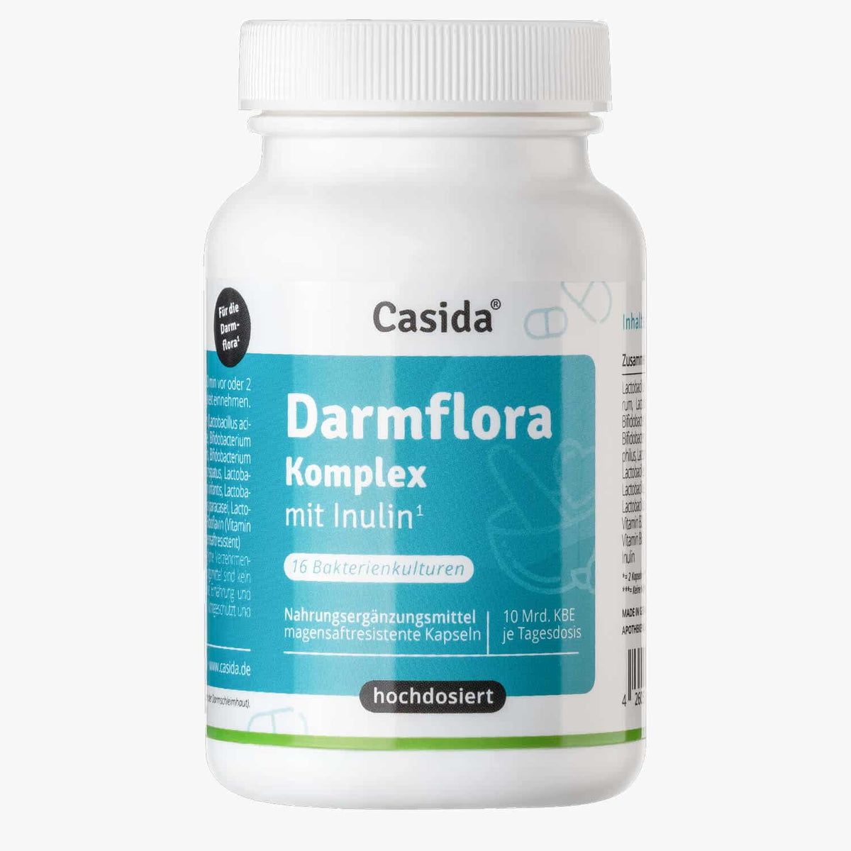 Casida Darmkur Set bottle featuring a white container with a teal label, containing dietary supplement capsules.