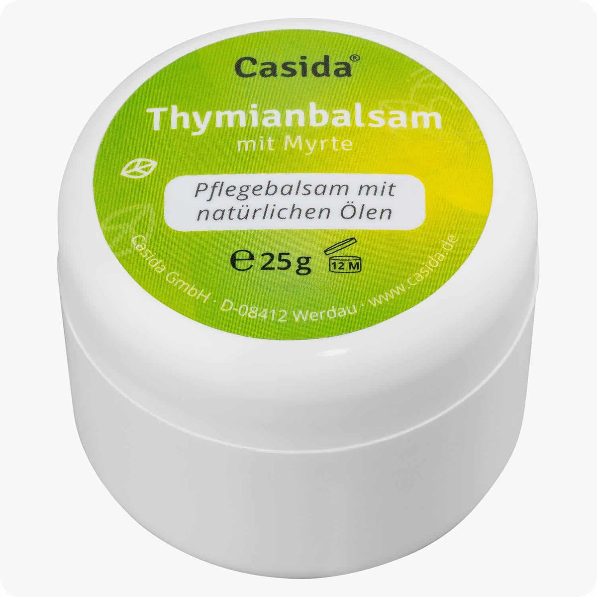 Casida Thymianbalsam mit Myrte, 25 g jar with a yellow and white label, featuring natural oils information.