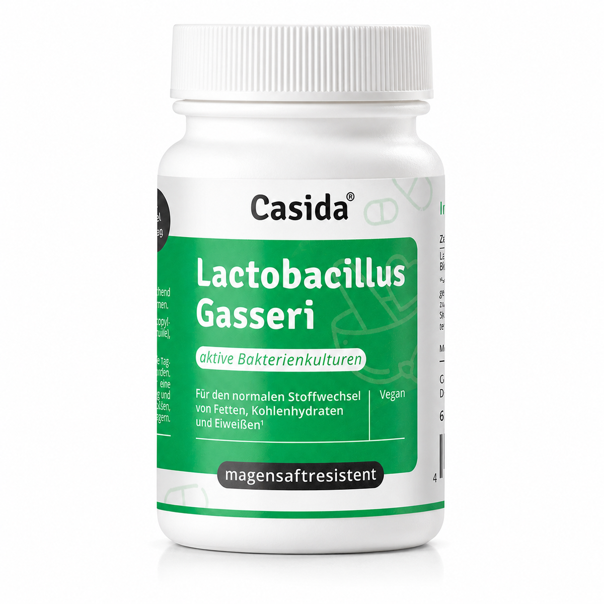 Weiße Dose Casida Lactobacillus Gasseri mit grünem Etikett und Schraubdeckel