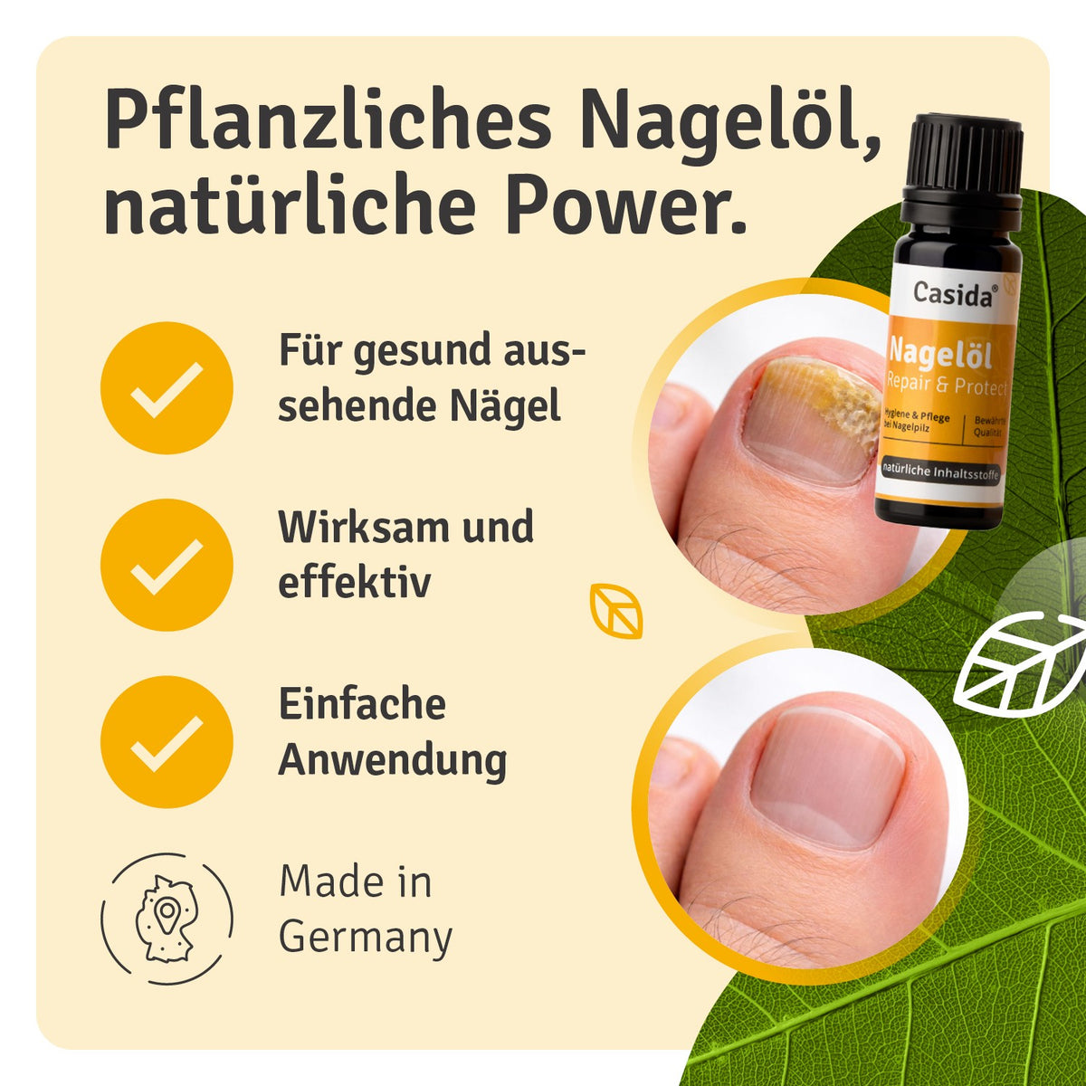 Nagelöl Repair & Protect bottle with a label, alongside a hand showing healthy nails and bullet points about its benefits.