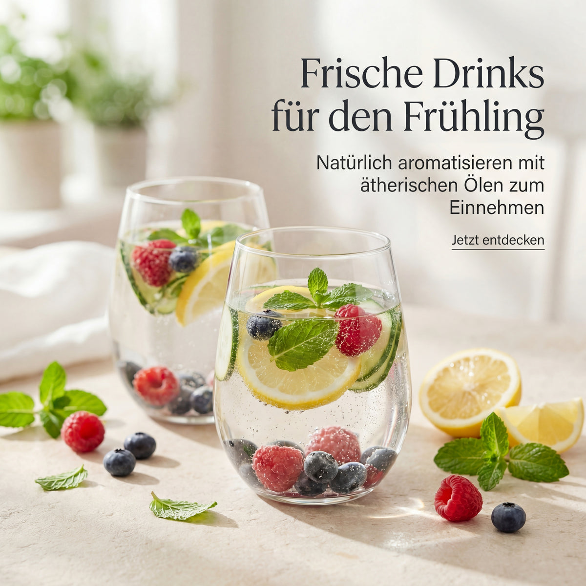 Glasses of refreshing spring drinks with lemon, mint, raspberries, and blueberries, featuring essential oils for flavoring.