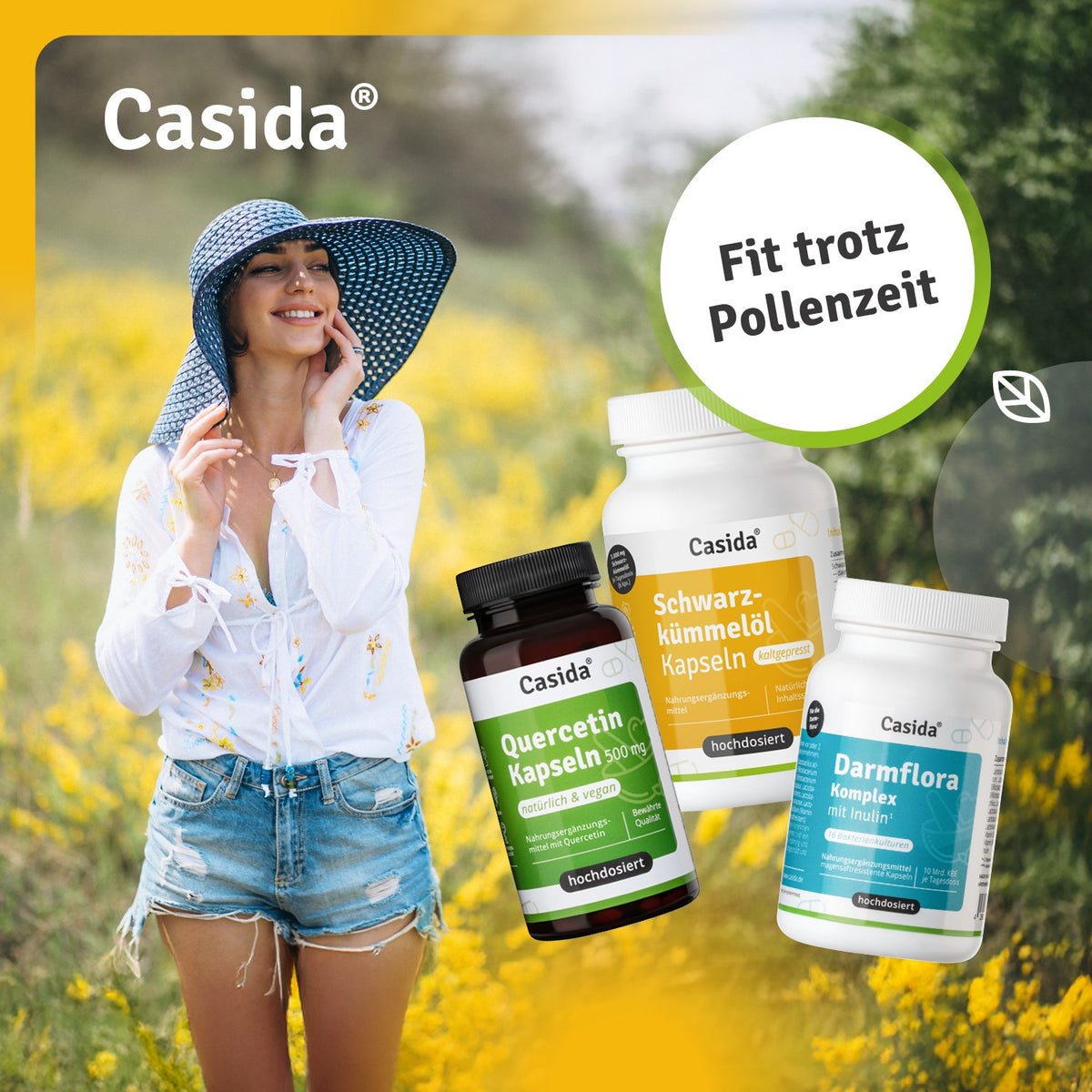 Pollenzeit Adé set featuring three supplement bottles on a sunny background with a woman in a blue hat and floral field.