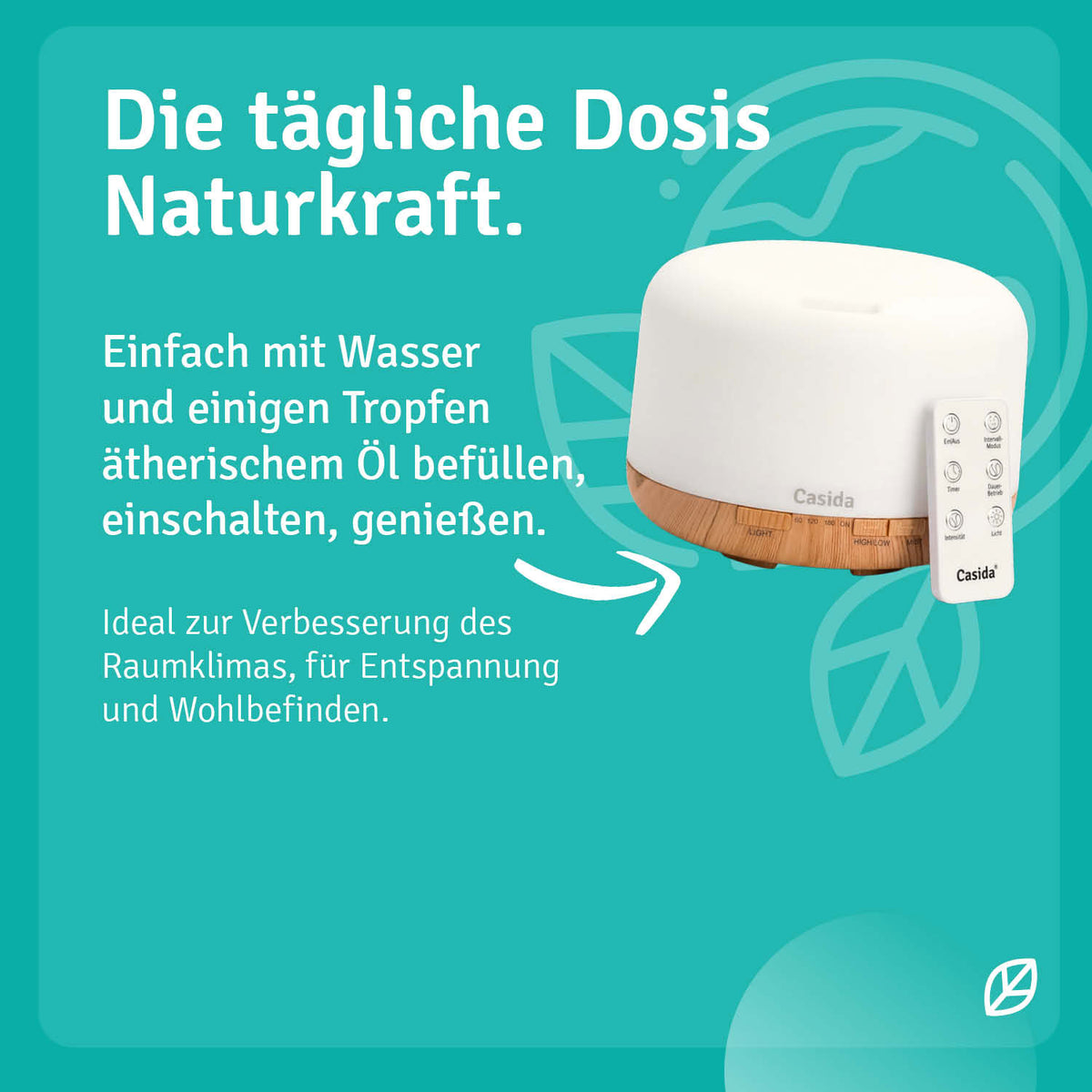 Aroma diffuser in white with a wooden base, remote control, and text about natural power and relaxation benefits.