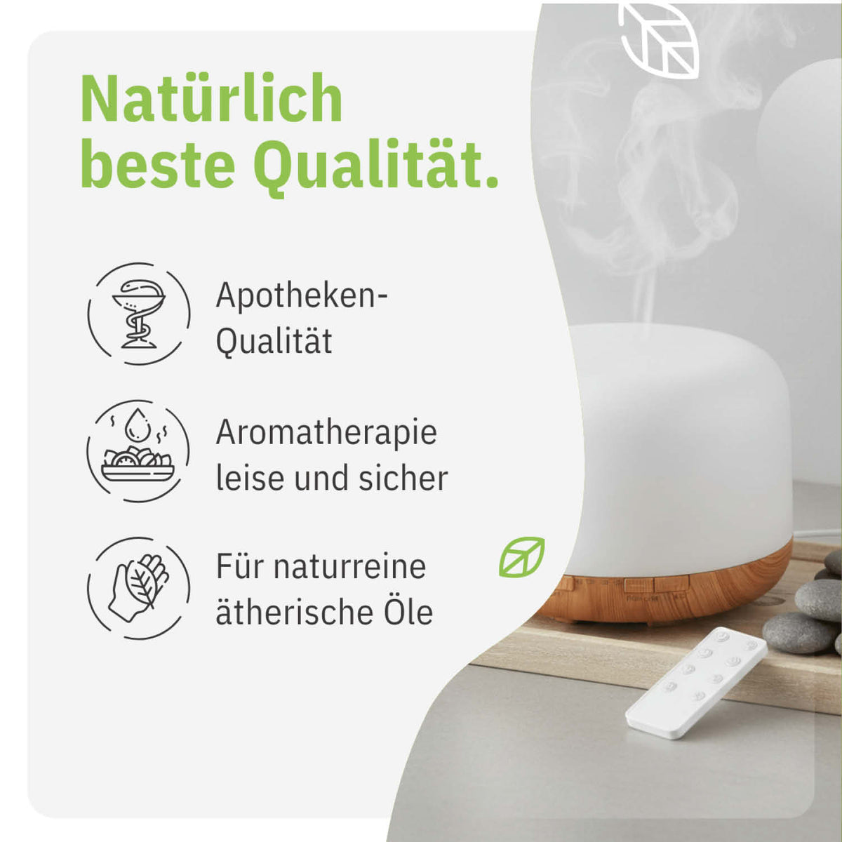 Aroma diffuser with a 500 ml capacity, remote control, LED light, and a wooden base, set against a light background.