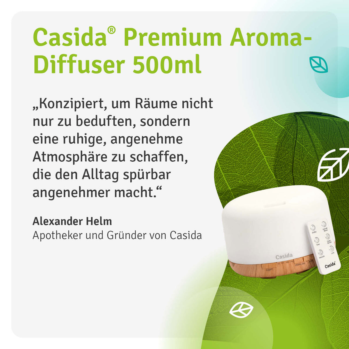 Aroma diffuser 500 ml with remote control, featuring a white design and wooden base, alongside six essential oils.