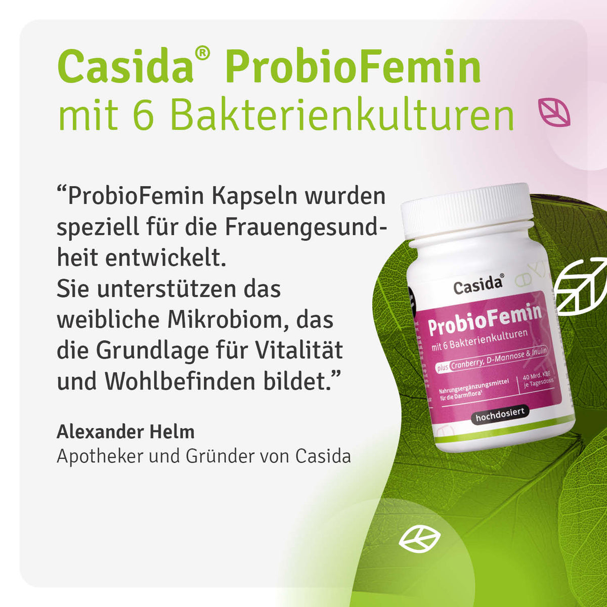 Alexander Helm stellt Casida ProbioFemin mit sechs Bakterienkulturen vor
