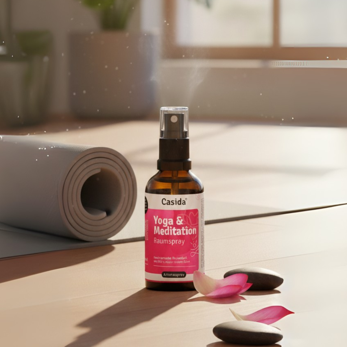 Yoga & Meditation raumspray bottle on a yoga mat, surrounded by stones and flower petals, with a soft background.