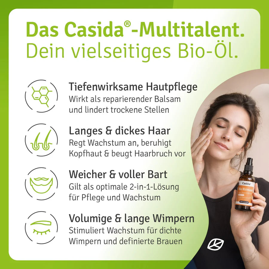 Bio Rizinusöl 1000 ml in a black pump bottle with a green label, displayed on a light background with text highlights.