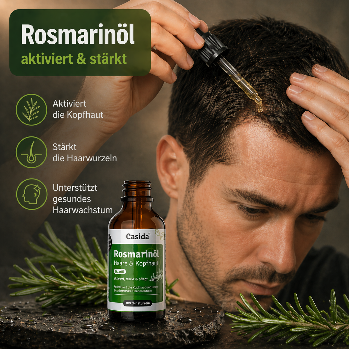 Casida Rosmarin Haarkur for men in a brown glass bottle with a dropper, applied to the scalp, with rosemary leaves in the ...