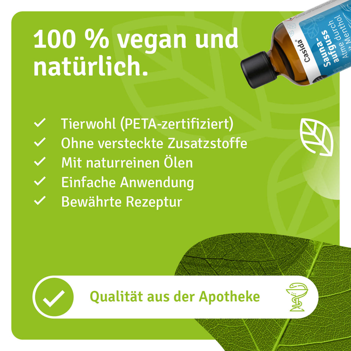 Saunaaufguss Atme durch mit Menthol oil bottle on a green leaf background, highlighting vegan and natural ingredients.