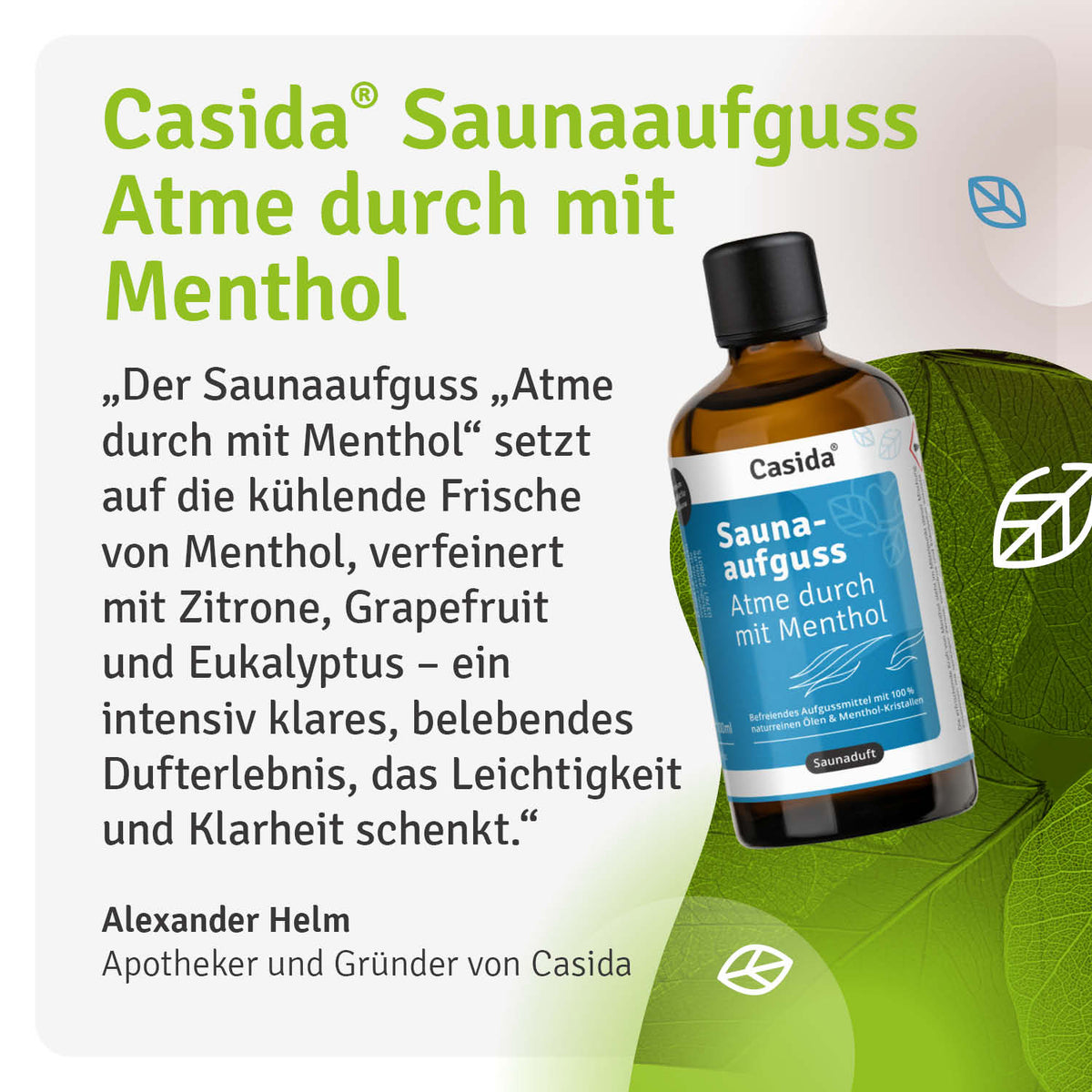 Saunaaufguss Atme durch mit Menthol, a bottle with a green label, featuring eucalyptus and citrus notes.