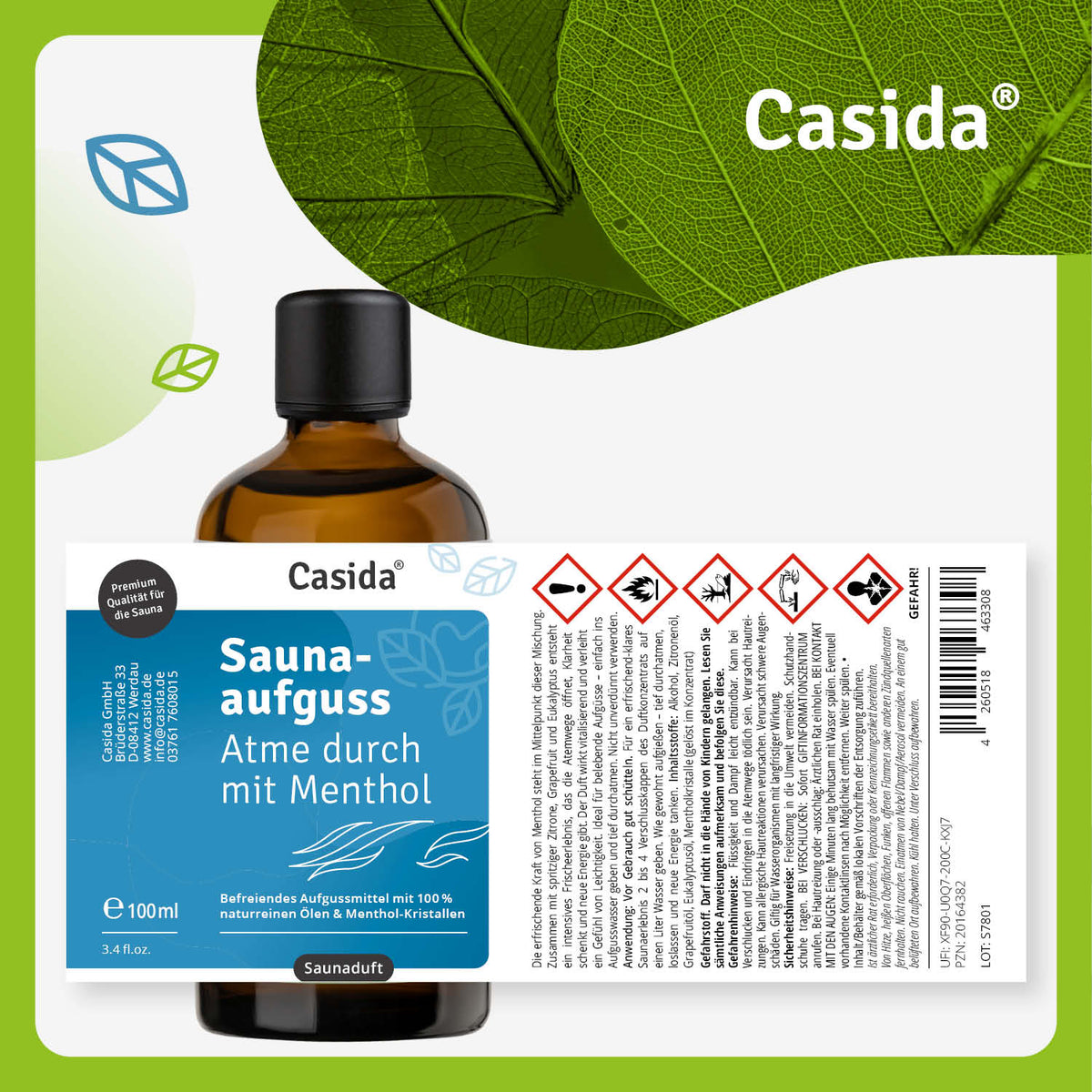 Casida saunaaufguss with menthol in a 100 ml bottle, featuring a green label and safety information on the back.