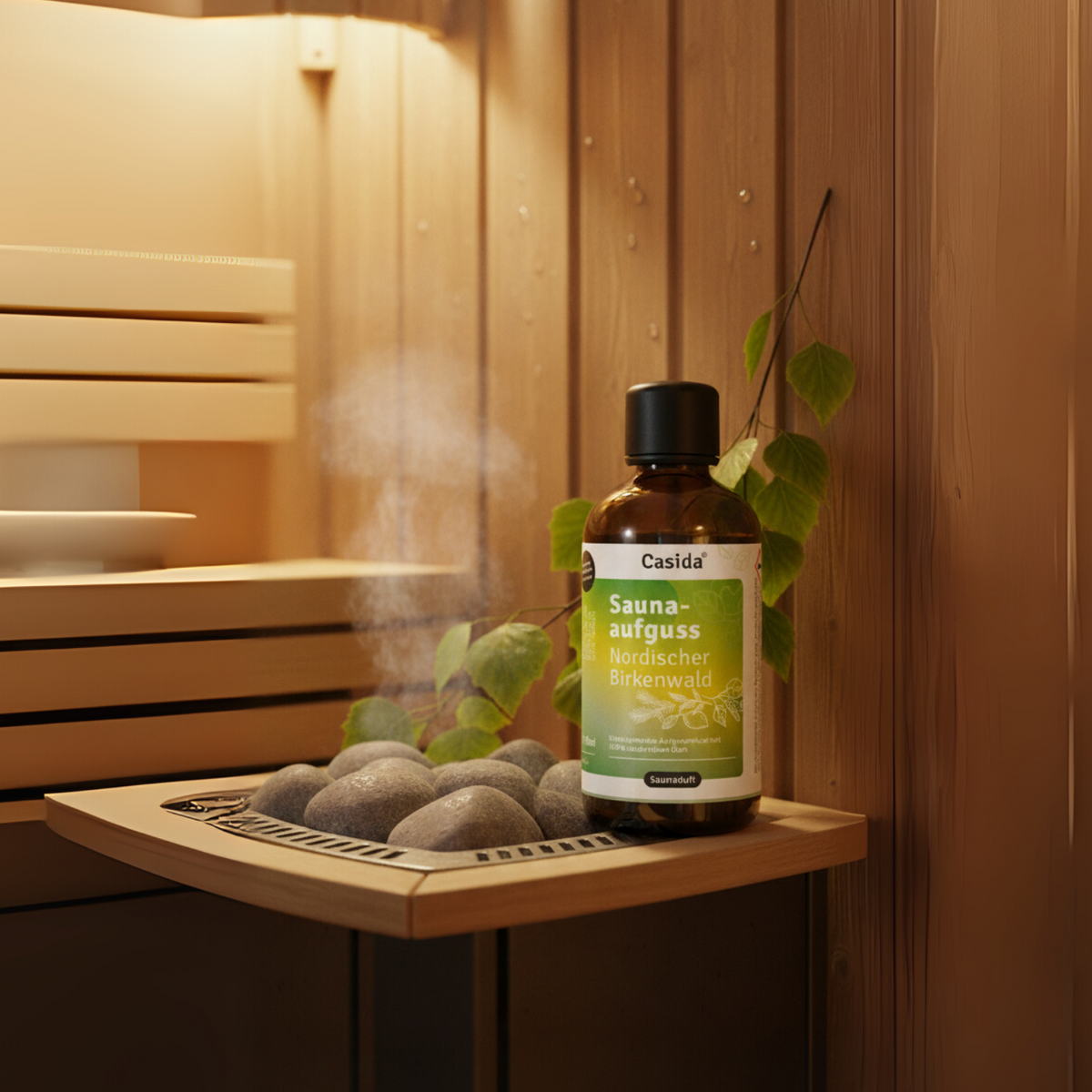 Saunaaufguss Nordischer Birkenwald oil bottle on a wooden shelf with sauna stones and greenery in a sauna setting.