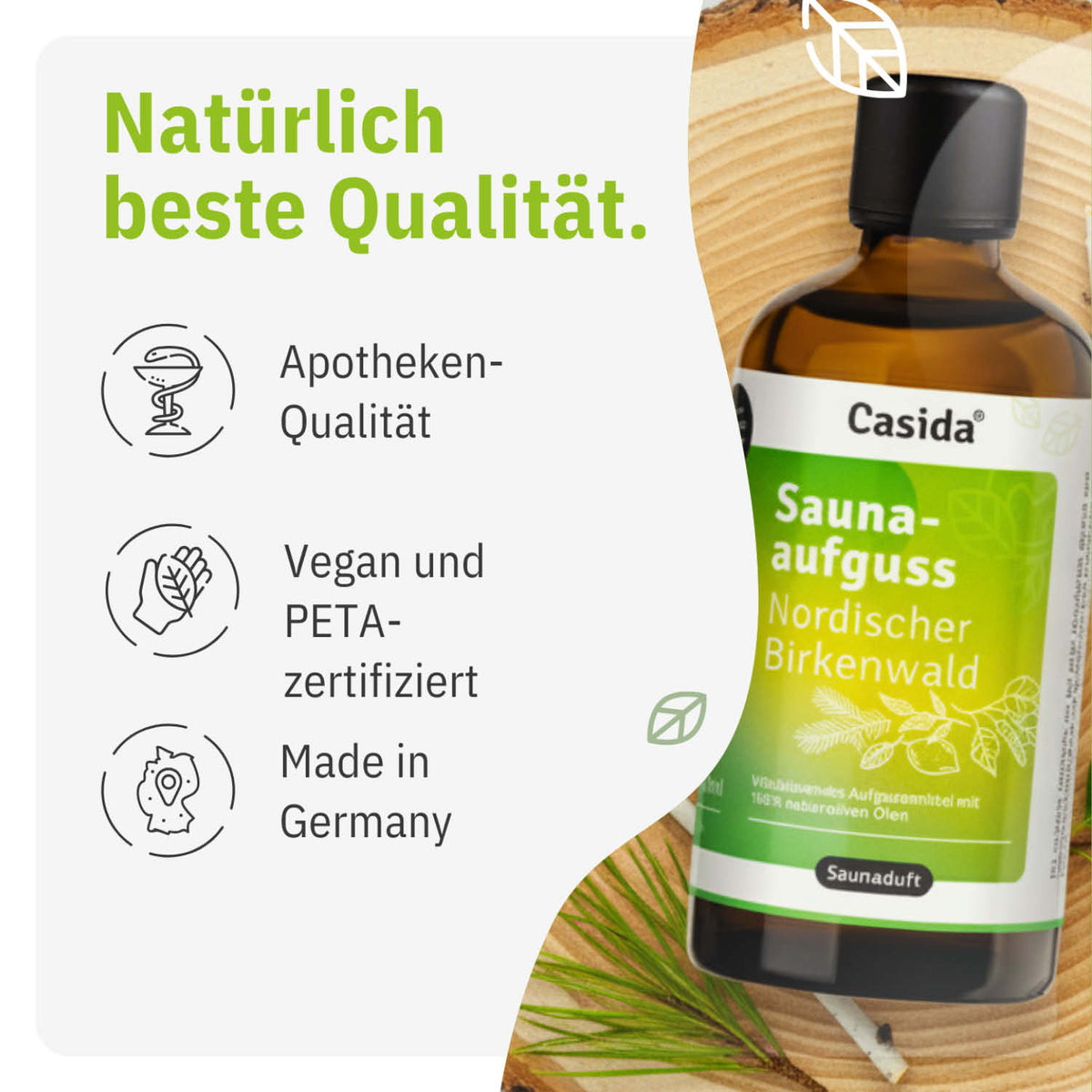 Saunaaufguss Nordischer Birkenwald oil bottle with green label, featuring vegan and PETA certification details.