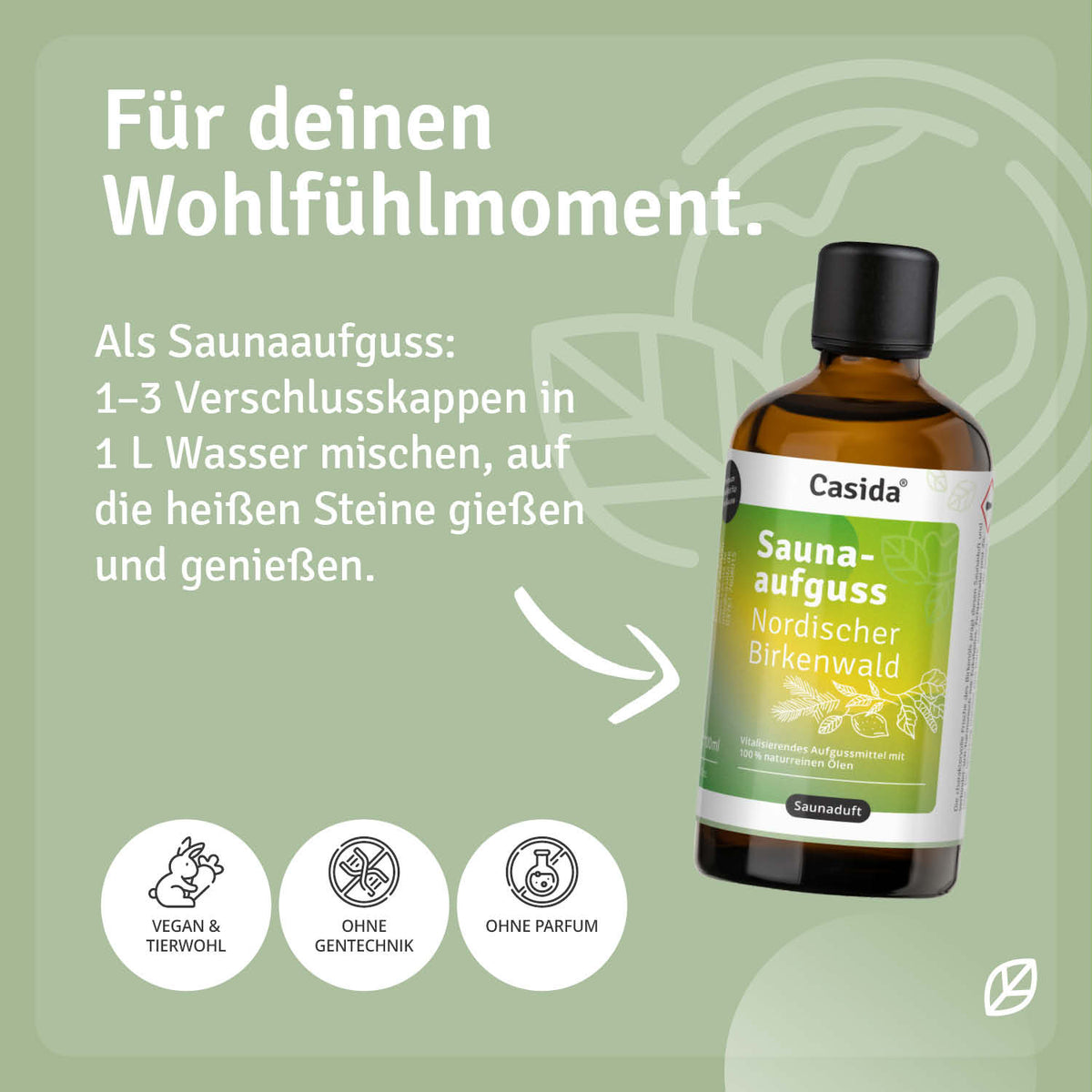 Saunaaufguss Nordischer Birkenwald oil bottle with green label, placed on a light background.
