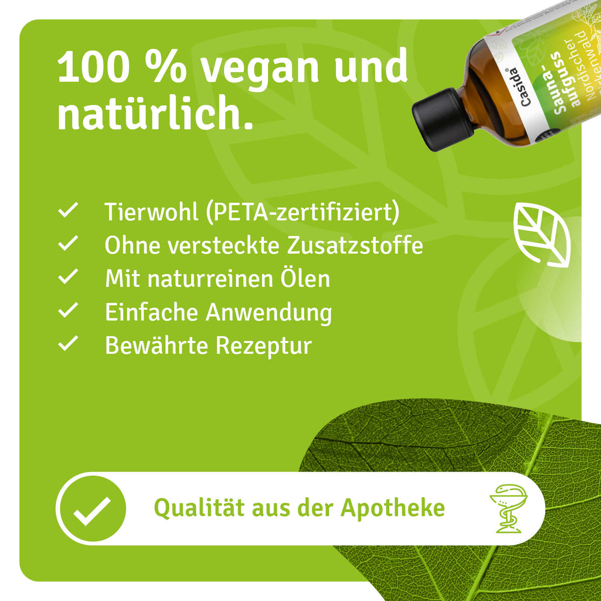 Saunaaufguss Nordischer Birkenwald oil bottle with green label, featuring vegan and natural product information.