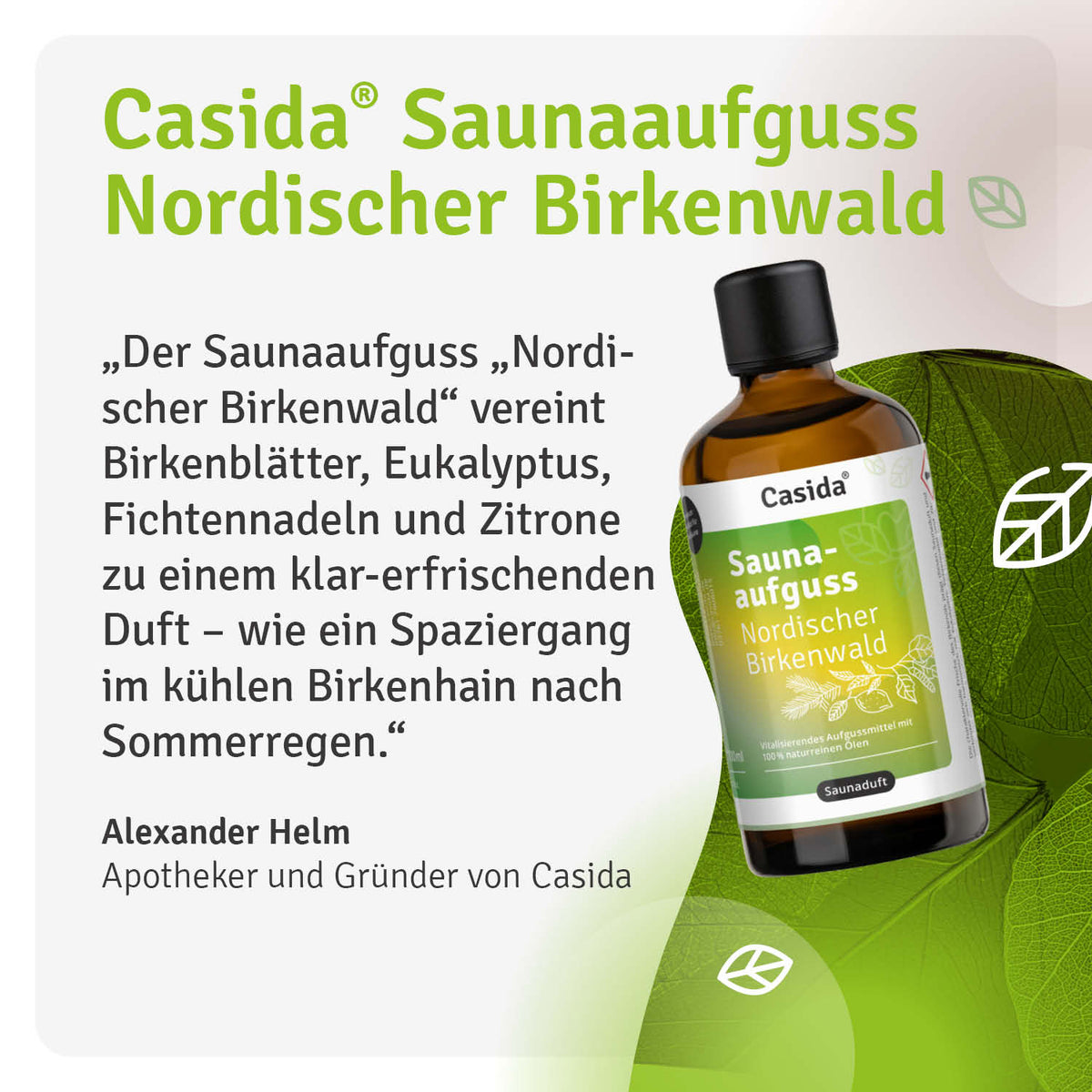 Saunaaufguss Nordischer Birkenwald oil bottle with green label and eucalyptus leaves in the background.