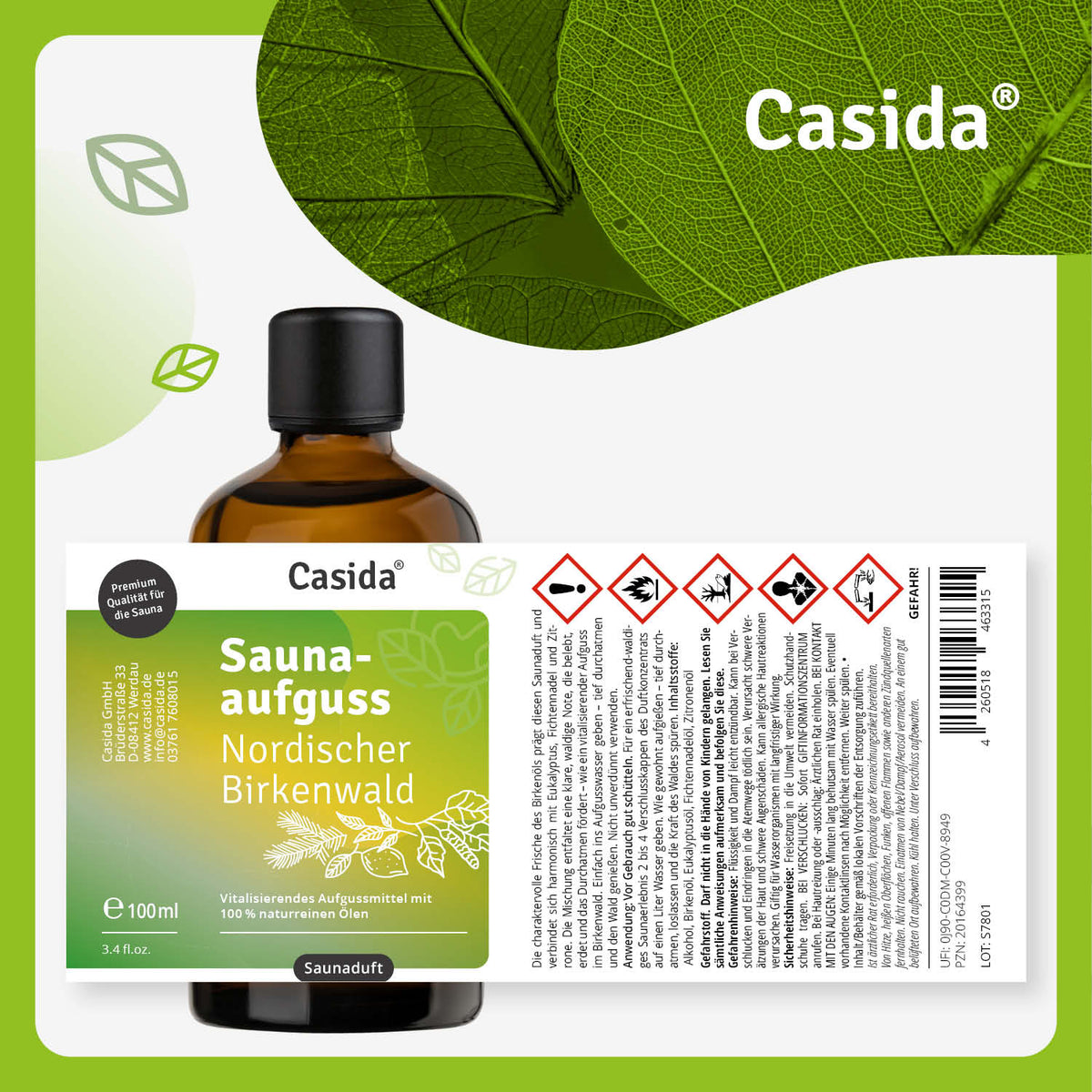 Saunaaufguss Nordischer Birkenwald oil in a brown glass bottle with a green label, 100 ml size, on a leaf-patterned backgr...