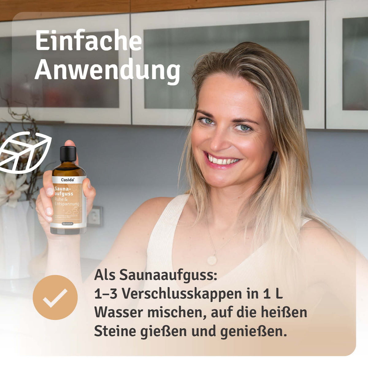 Saunaaufguss Ruhe & Entspannung oil bottle with a woman smiling, demonstrating usage instructions in a sauna setting.