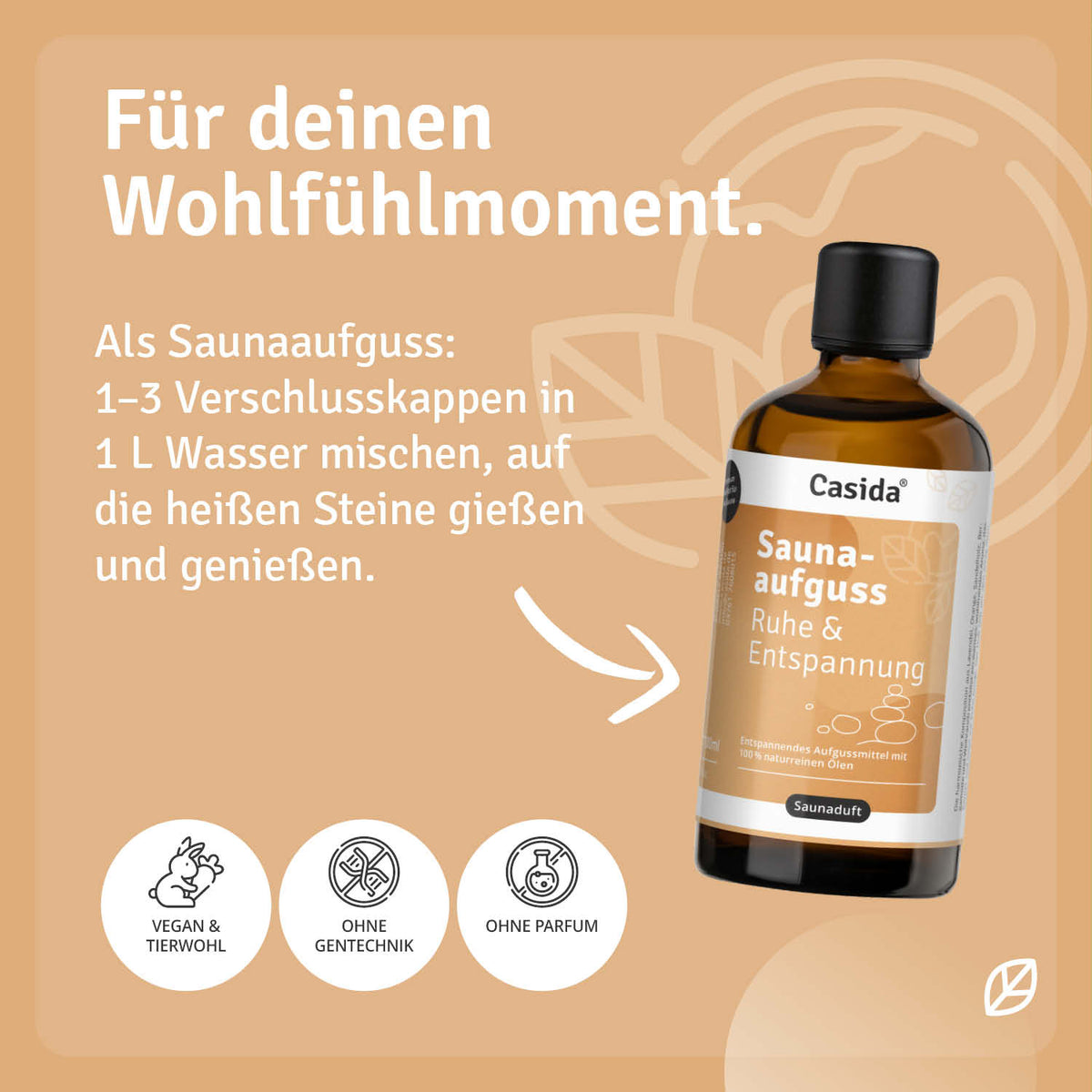 Saunaaufguss Ruhe & Entspannung oil in a brown bottle with a beige label, placed on a light background.