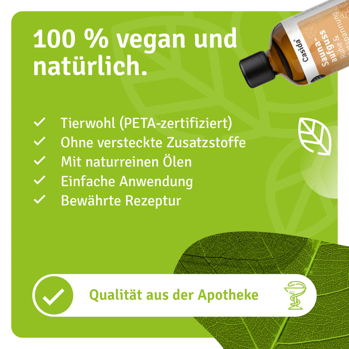 Saunaaufguss Ruhe & Entspannung oil bottle with green label, featuring vegan and natural ingredients information.