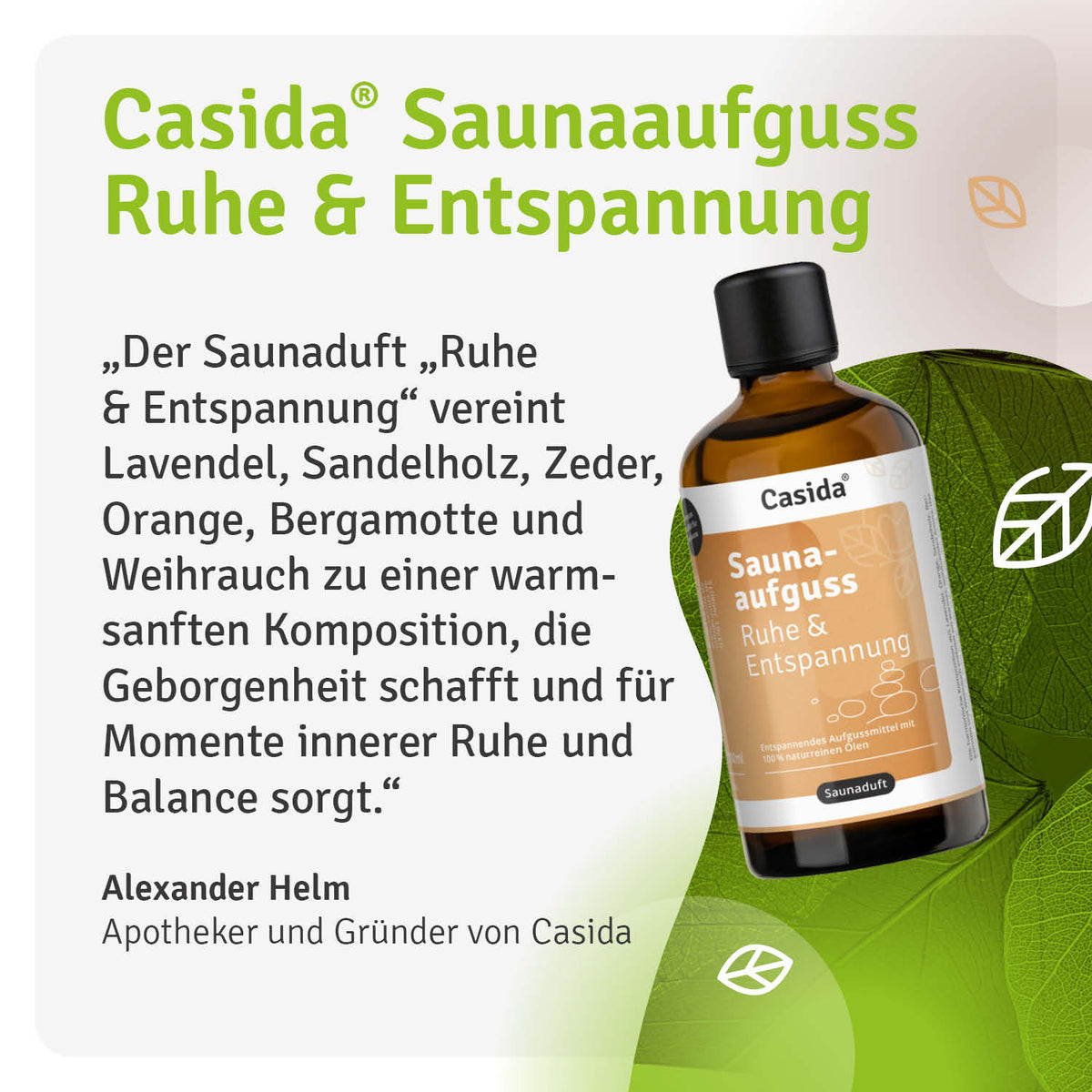 Saunaaufguss Ruhe & Entspannung oil bottle with green label, featuring lavender, cedar, and orange scent notes.