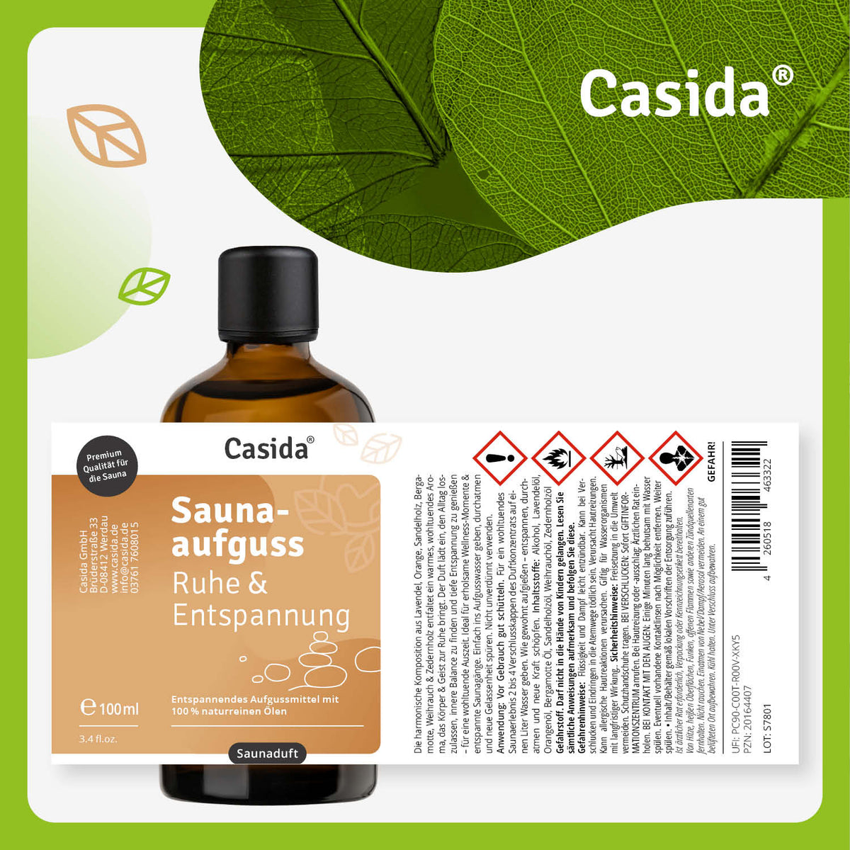 Saunaaufguss Ruhe & Entspannung oil in a 100ml amber bottle with a white label and green accents.